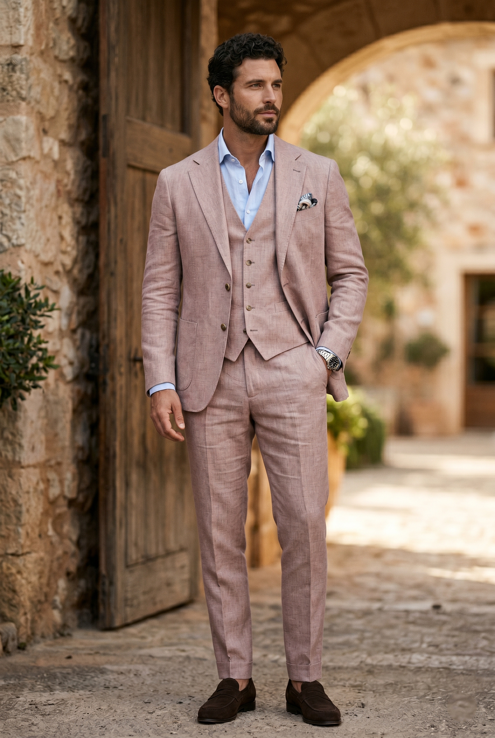 Men's Premium Rose Pink 3-Piece Linen Suit