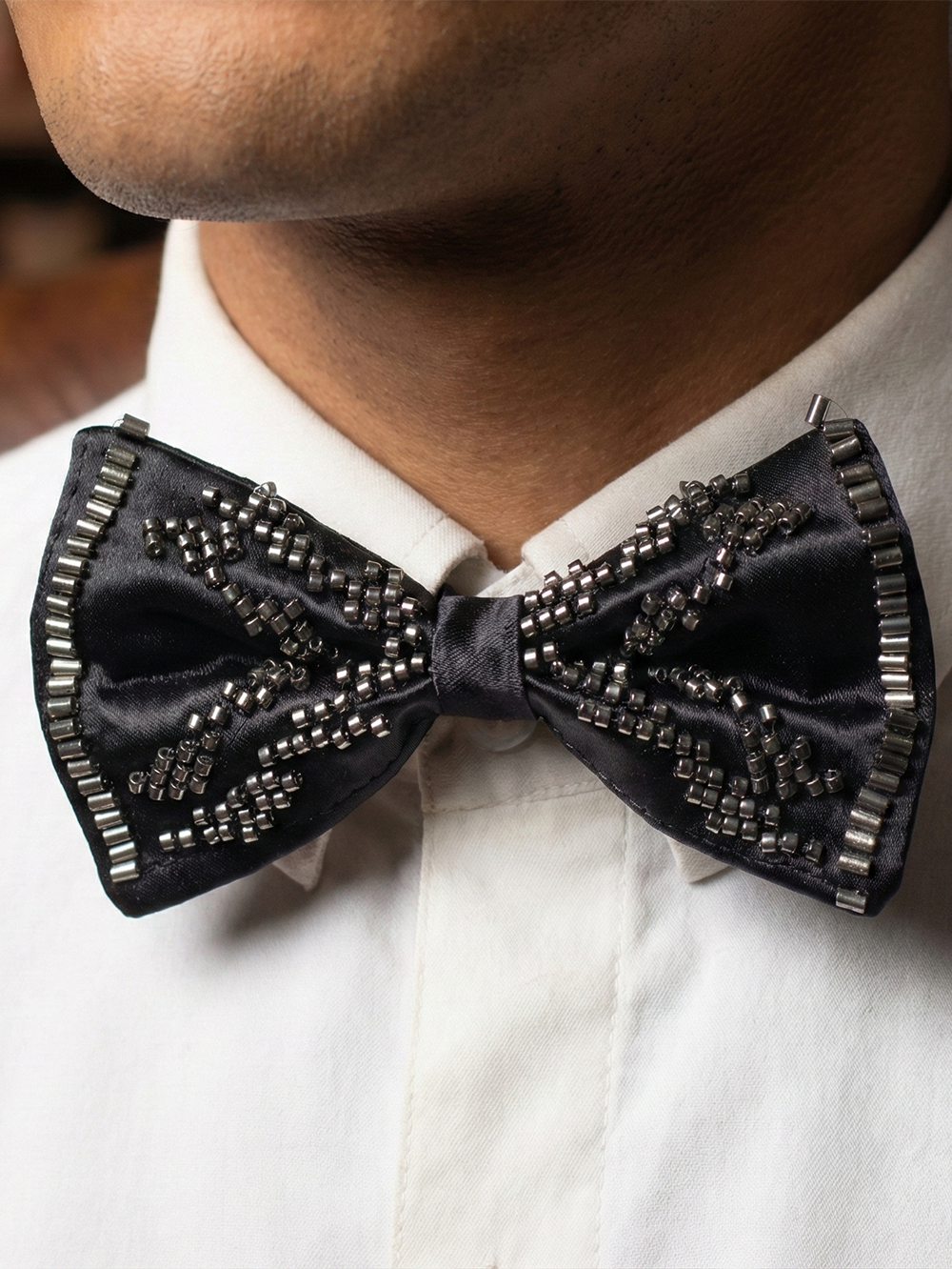 Elegant Black Beaded Satin Bow Tie – Classic Formal Accessory