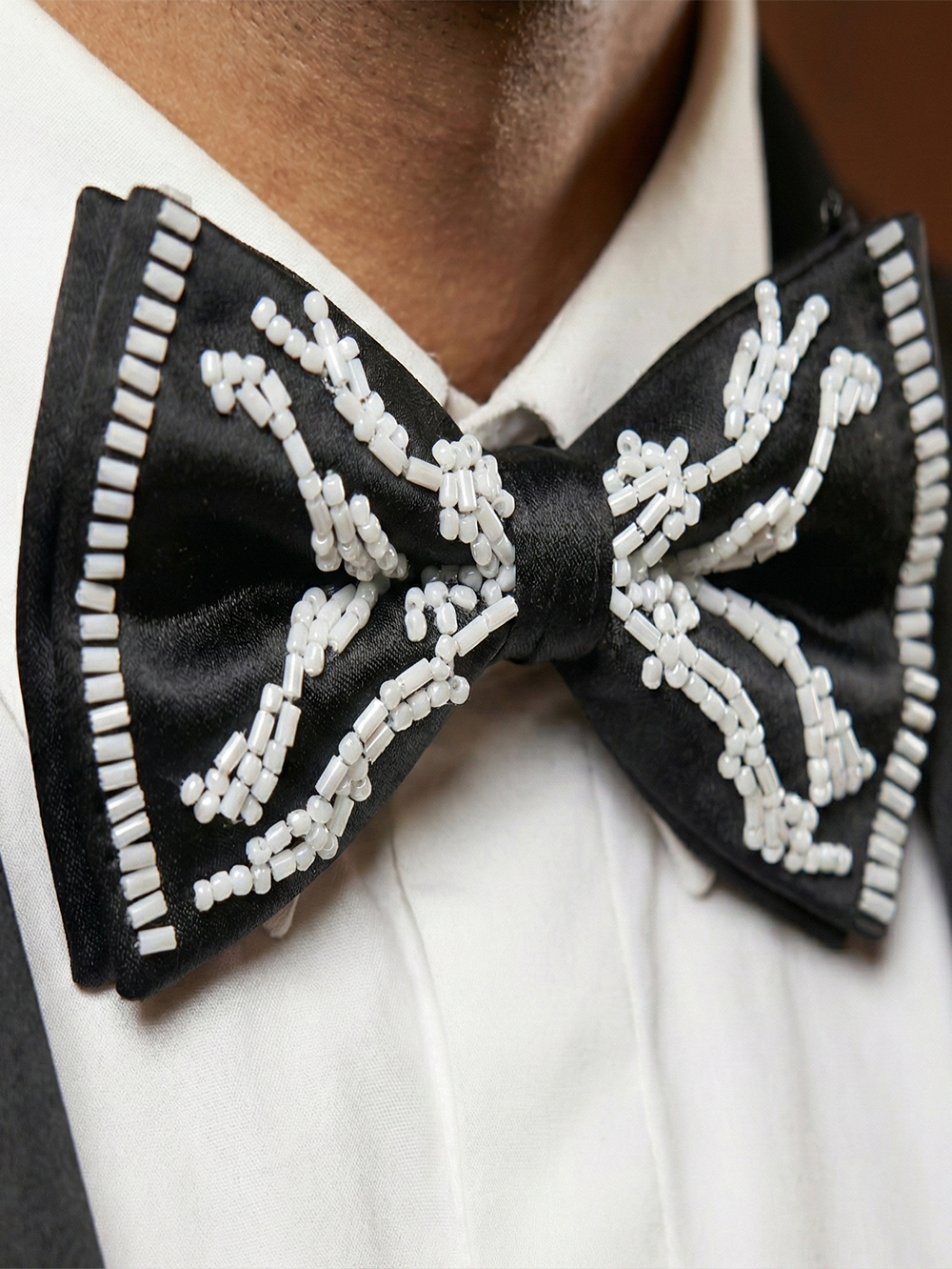 Black Satin Bow Tie with White Beaded Detailing – Premium Formal Wear Accessory