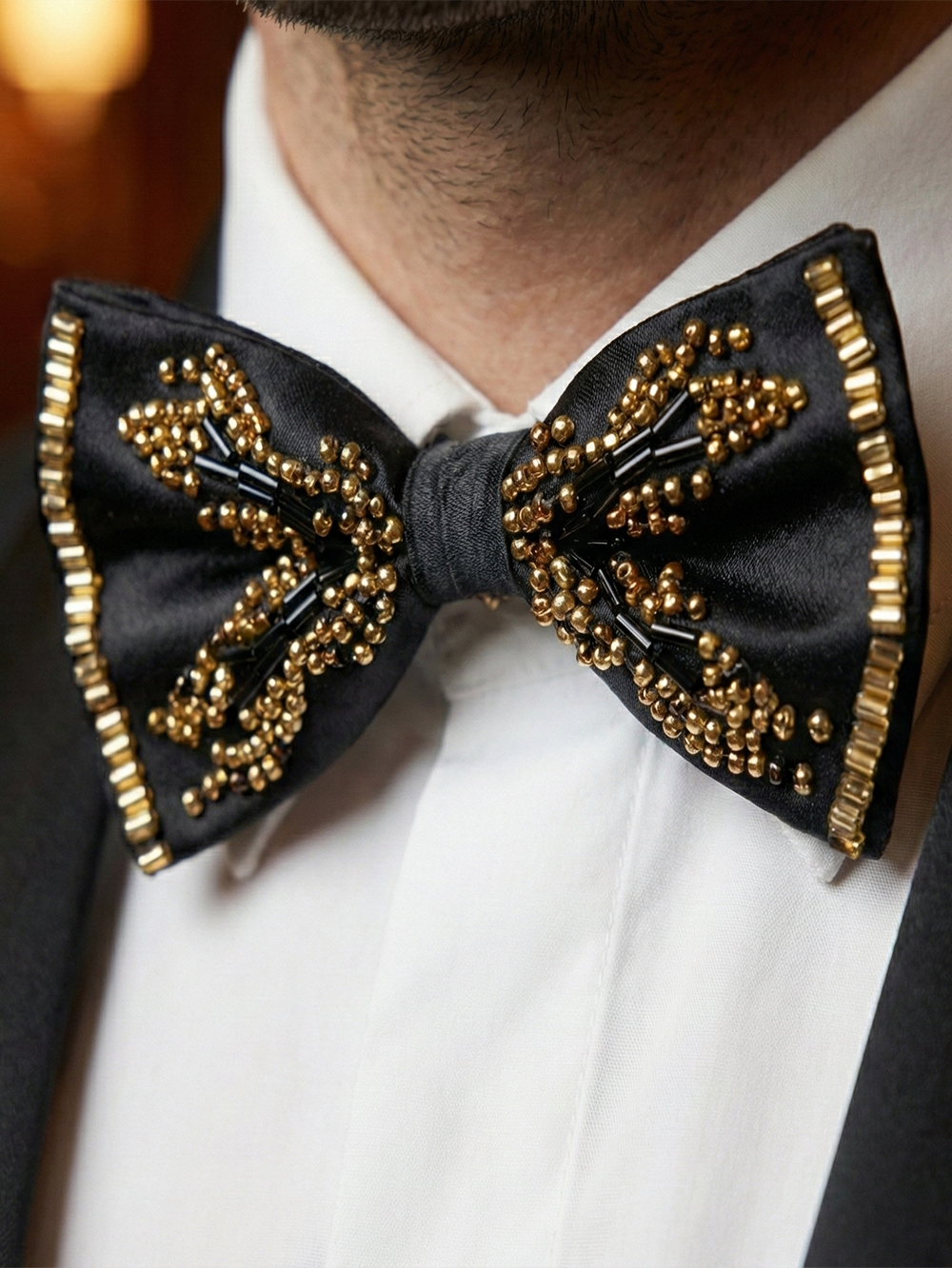 Black Satin Bow Tie with Gold Beaded Embellishments – Luxe Formal Accessory