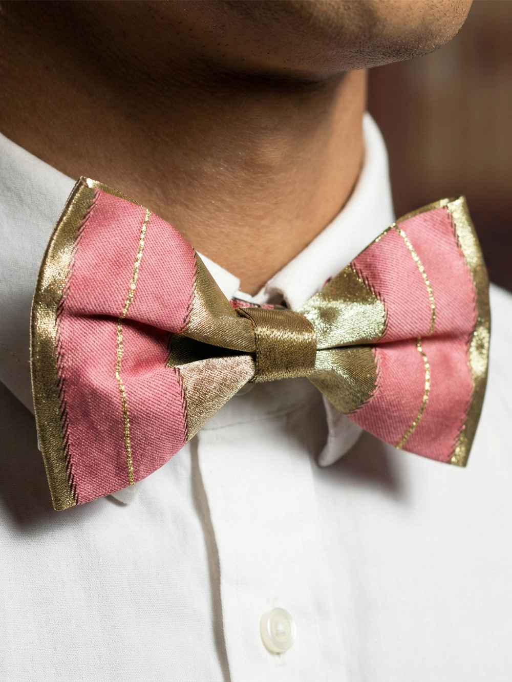 Pink & Gold Satin Striped Bow Tie – Stylish Formal Accessory