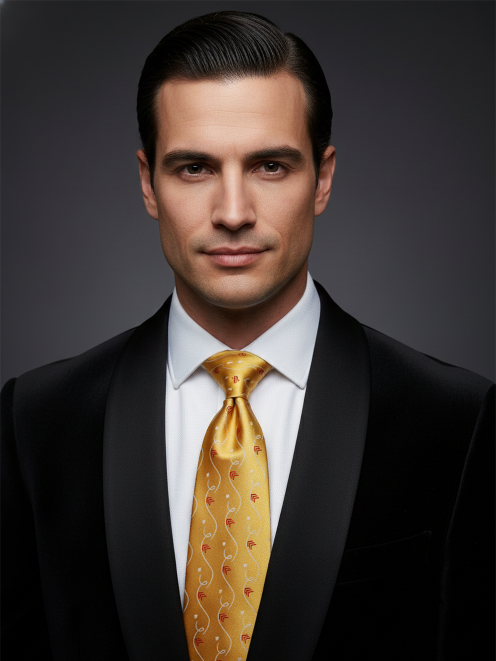 Luxury Golden Silk Tie with Red & White Print – Designer Formal Necktie