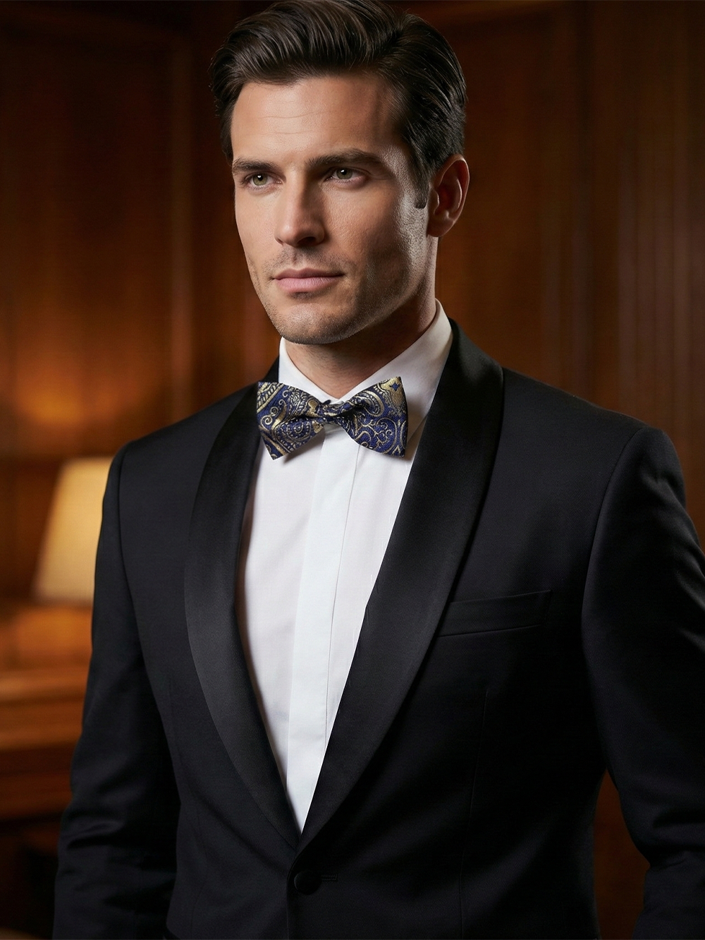 Elegant Navy & Gold Paisley Silk Bow Tie – Classic Formal Accessory