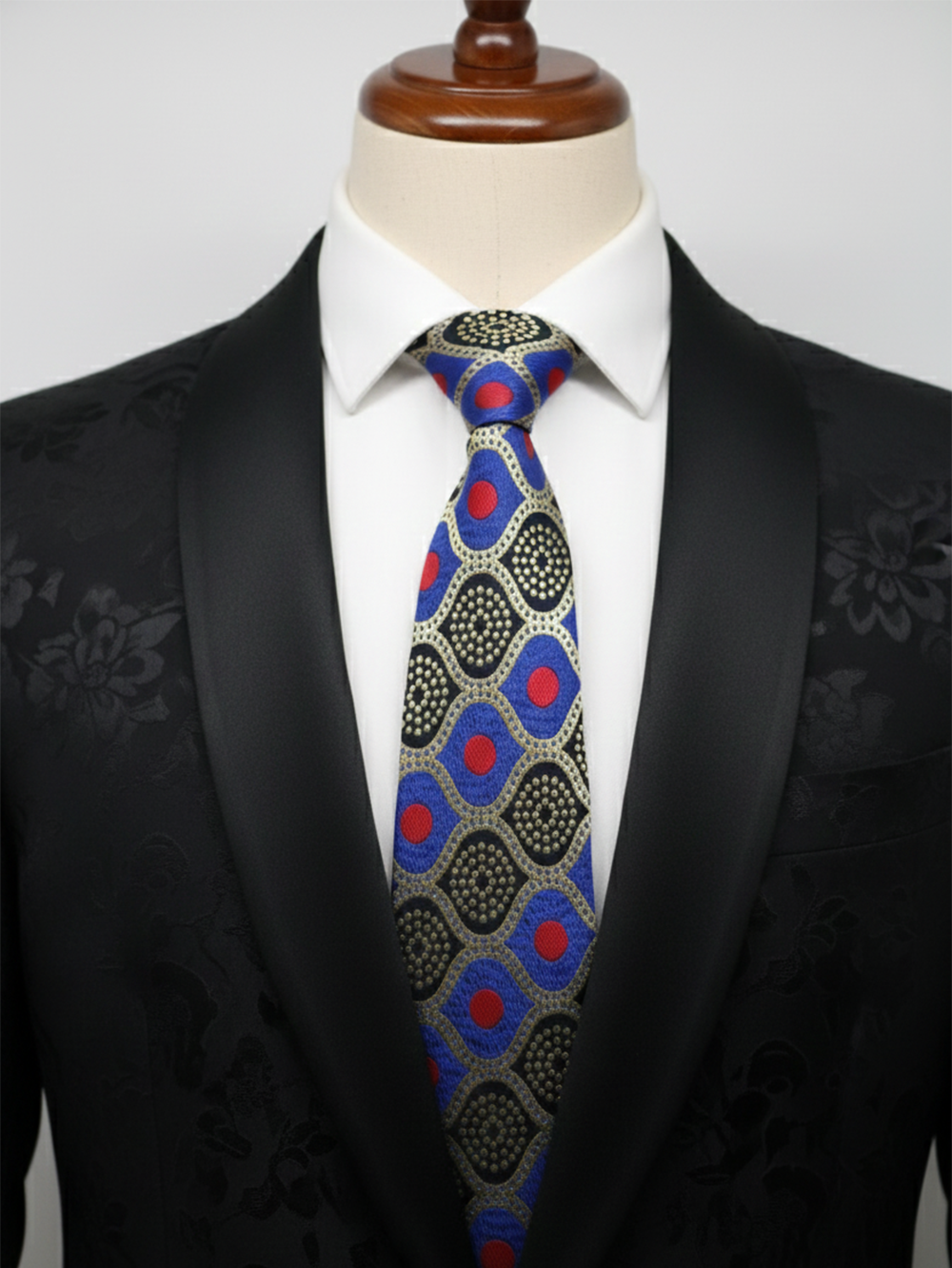 Blue Tie with Red Dots & Black Work – Stylish Designer Necktie