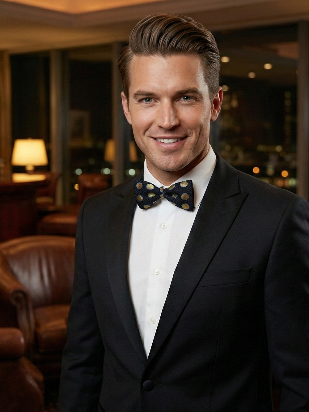 Black Bow Tie with Gold & Blue Polka Dot Design – Stylish Formal Accessory