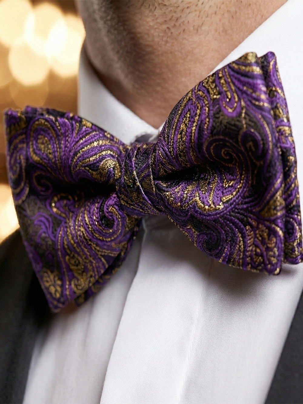 Purple & Gold Paisley Floral Bow Tie – Elegant Formal Accessory