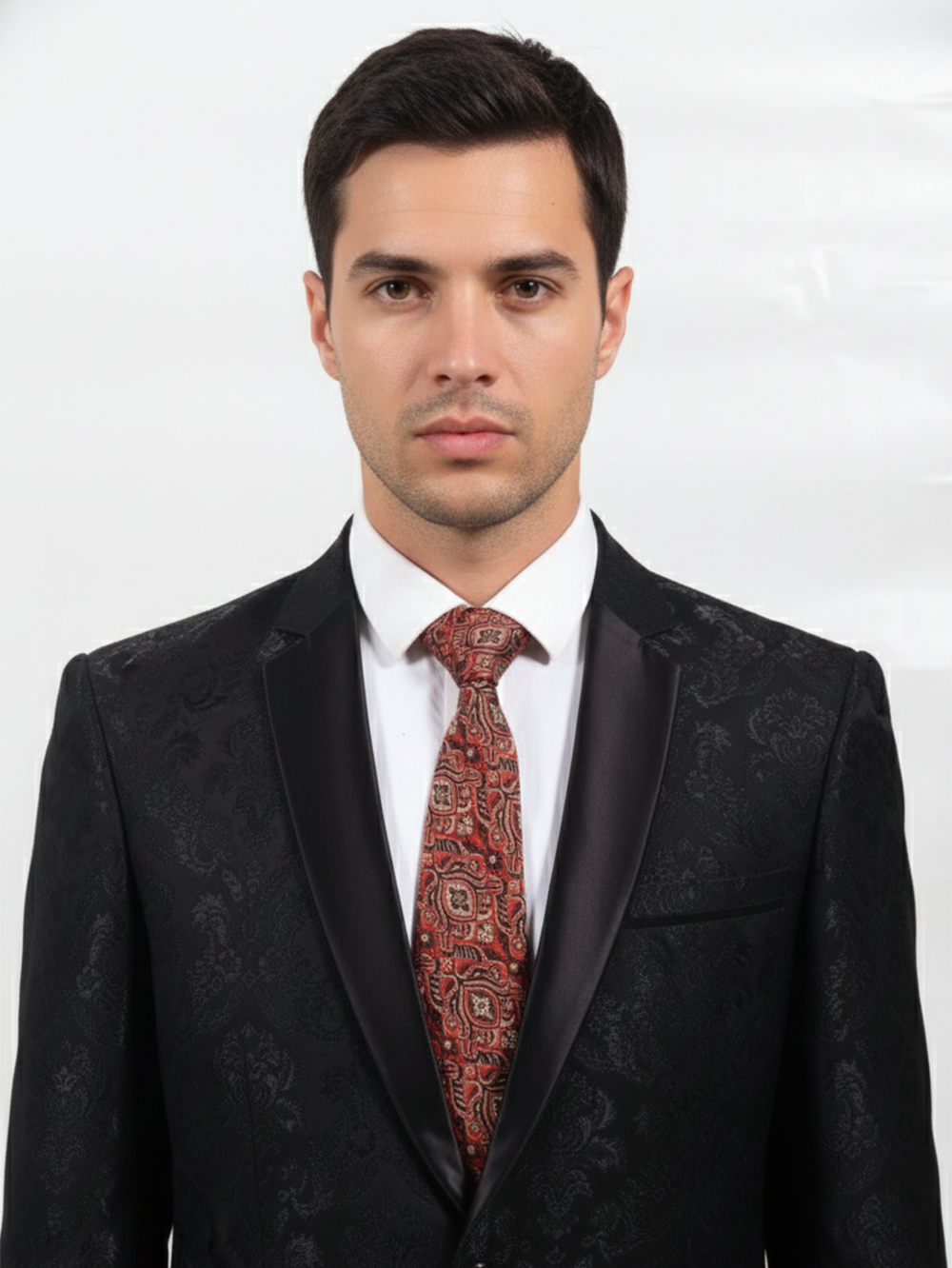 Red Art Silk Tie with Black & Golden Work – Premium Elegant Design