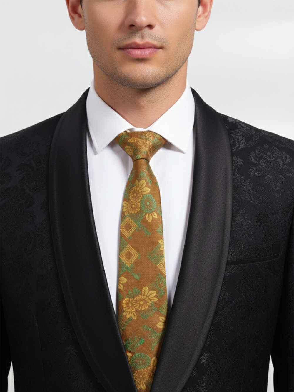Brown Art Silk Tie with Golden Floral Work