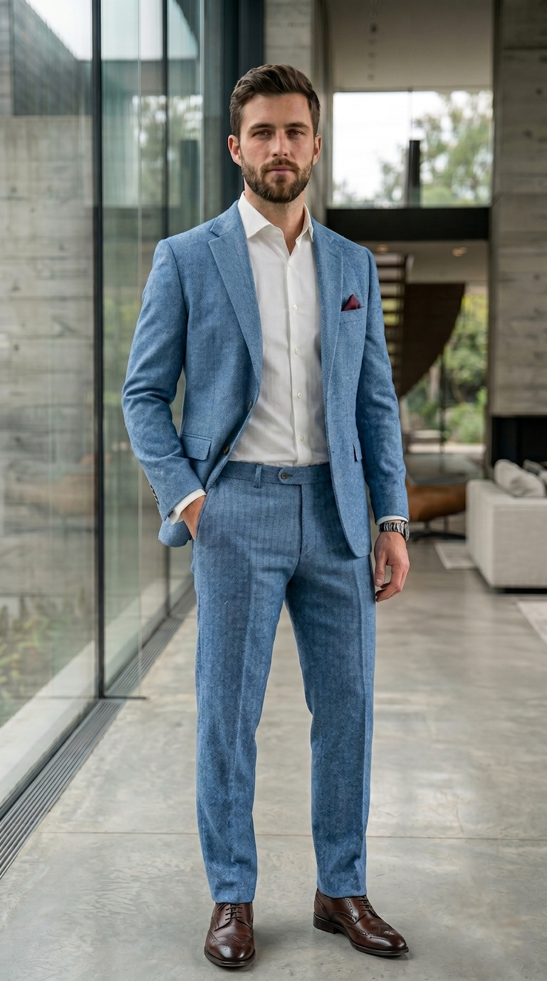 Men's Premium Cornflower Blue Tweed 2-Piece Suit