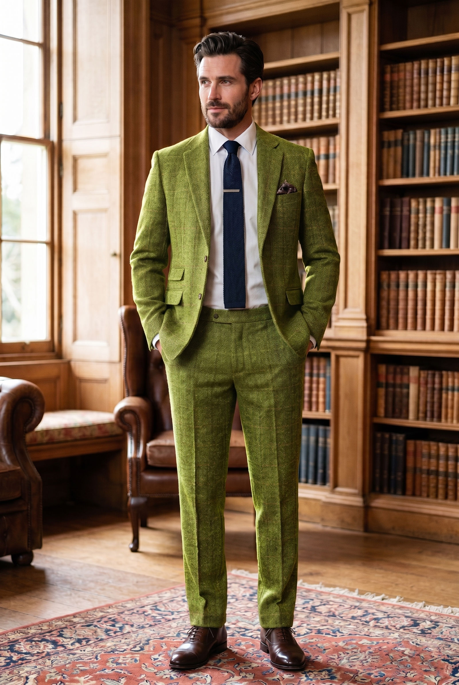 Men's Premium Lime Olive Green Tweed 2-Piece Suit