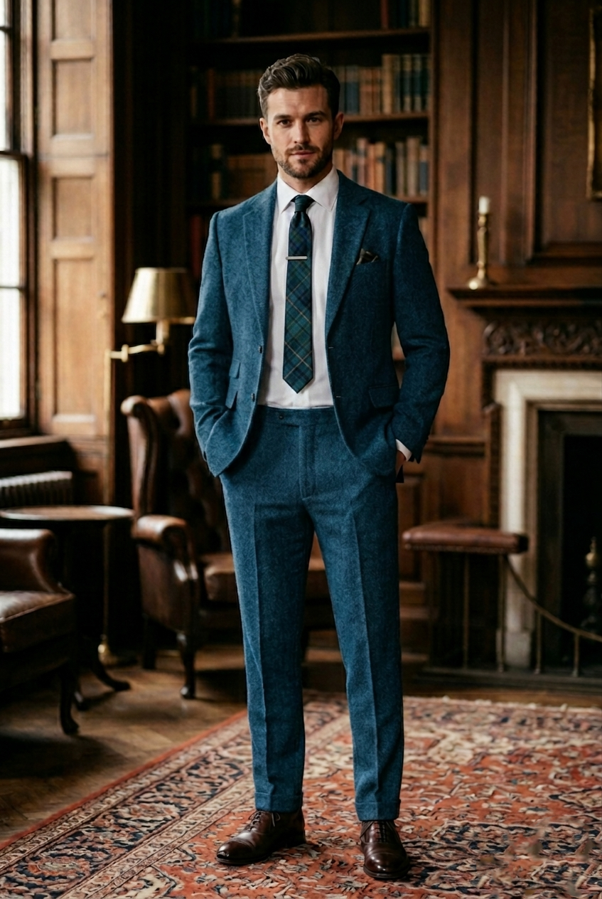Men's Premium Teal Blue Tweed 2-Piece Suit
