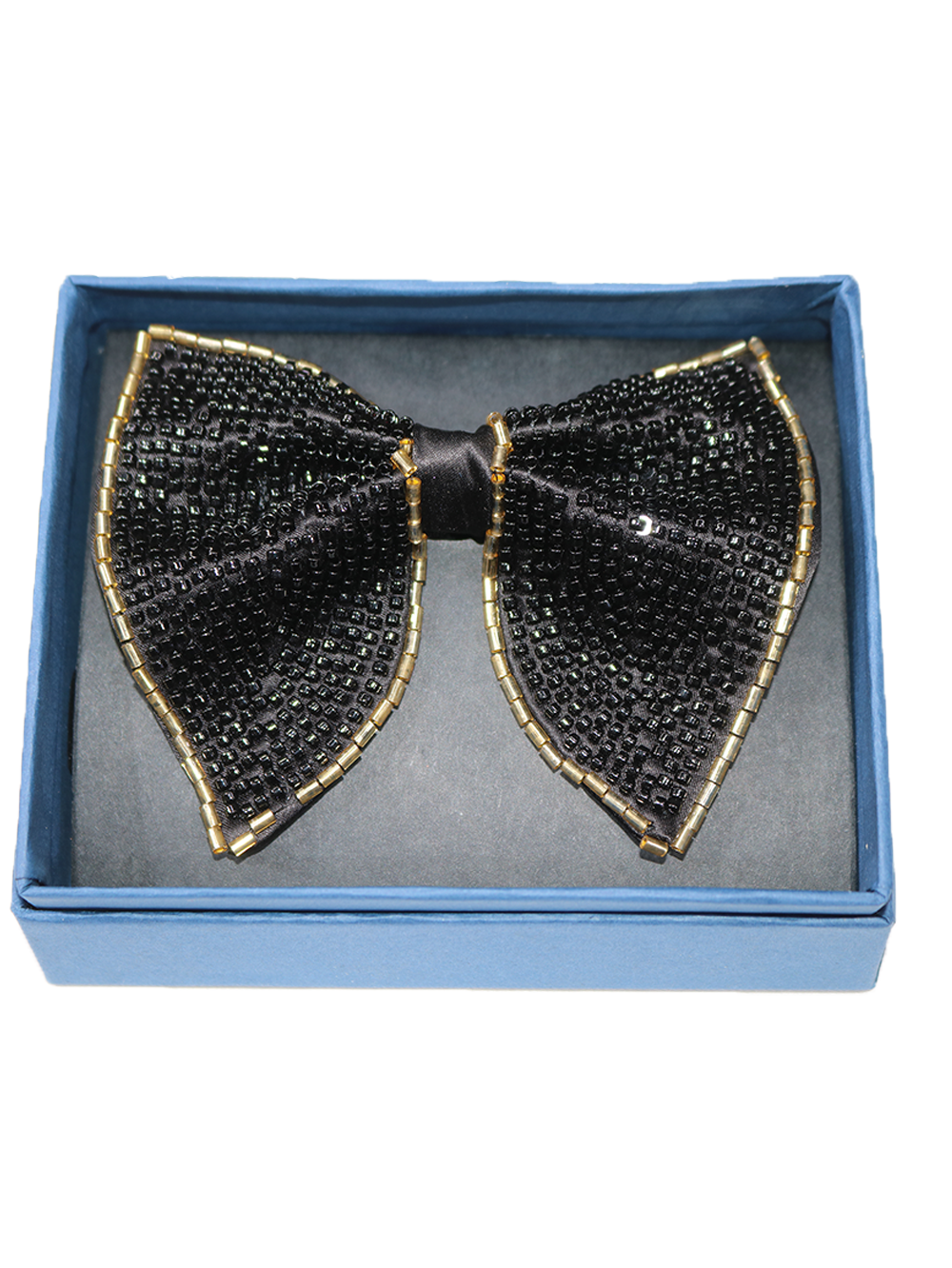 Midnight Onyx Beaded Bow Tie with Gold Trim