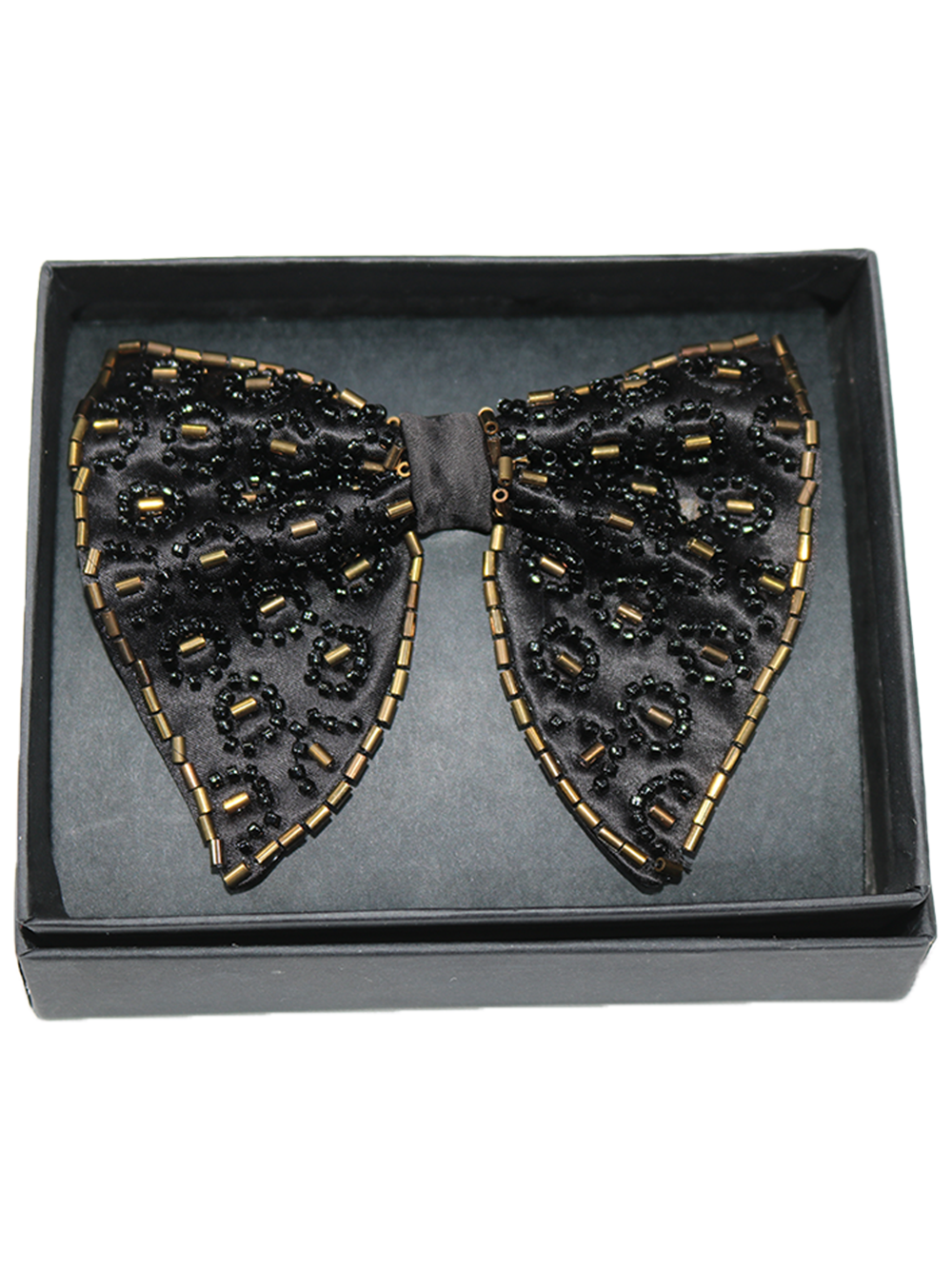 Noir Leopard Hand-Beaded Bow Tie with Gold Trim