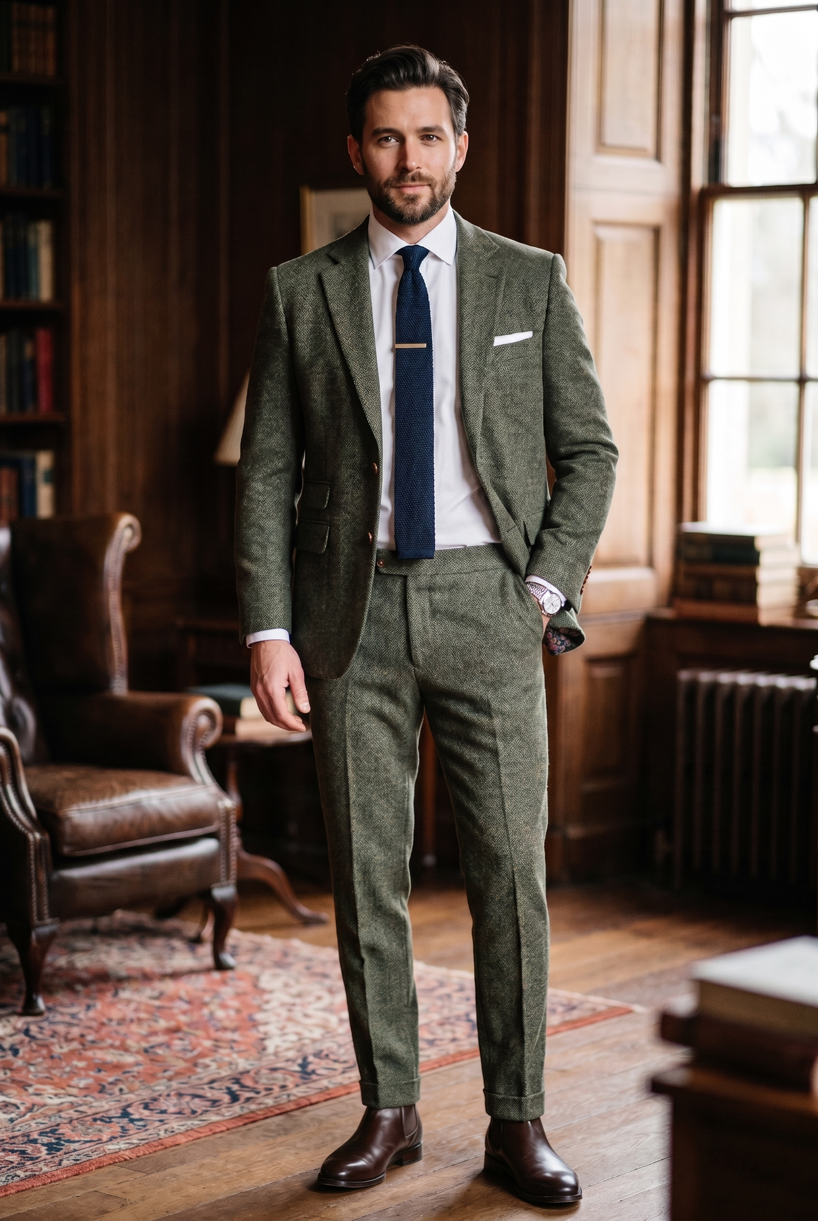 Men's Premium Sage Olive Green Tweed 2-Piece Suit