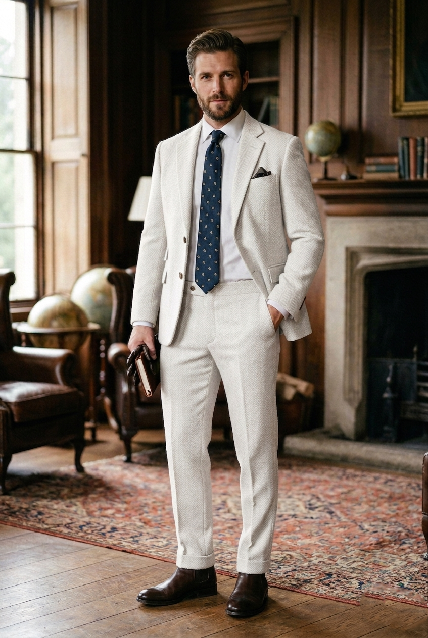 Men's Premium Off-White Cream Tweed 2-Piece Suit