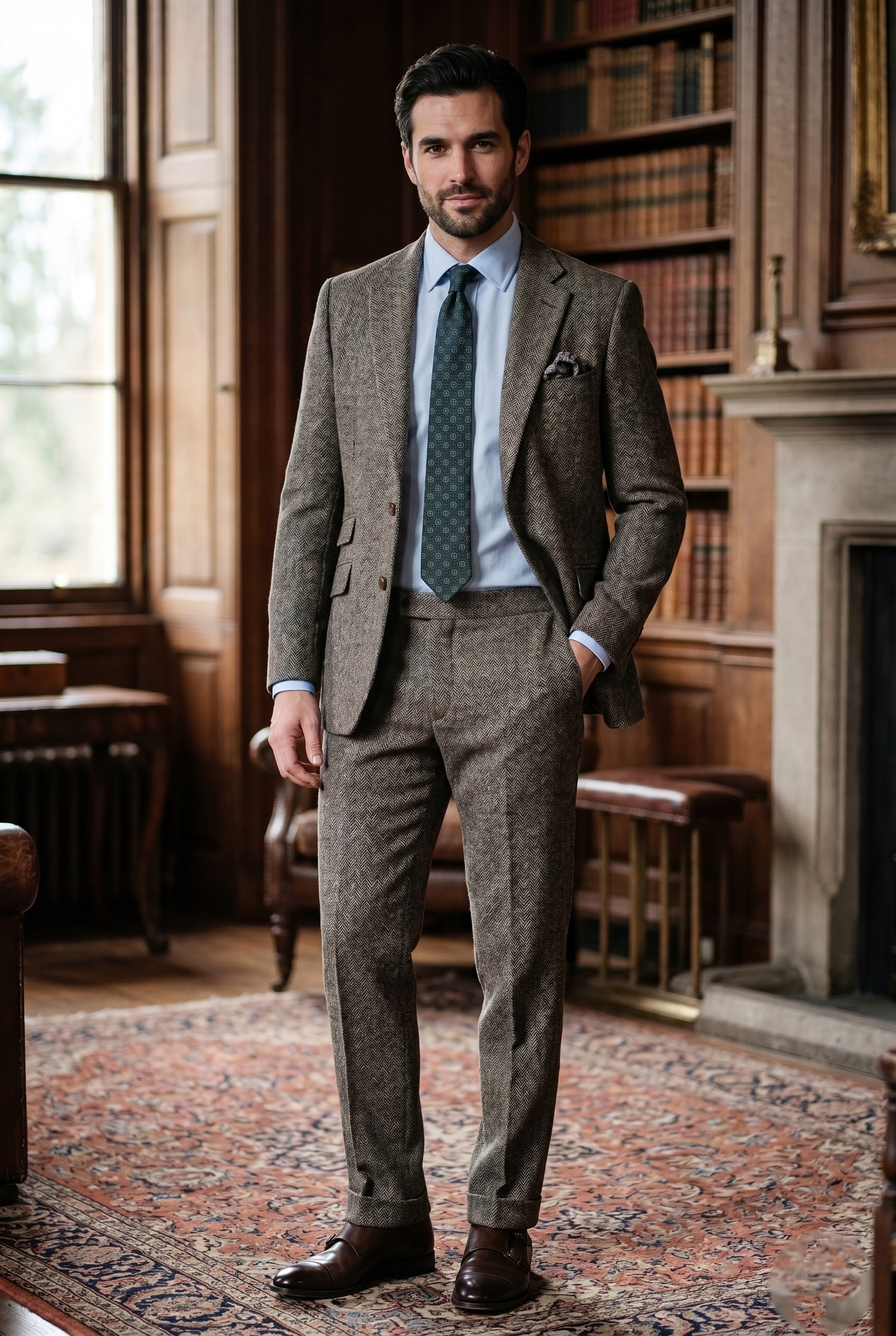 Men's Classic Brown Herringbone Tweed 2-Piece Suit