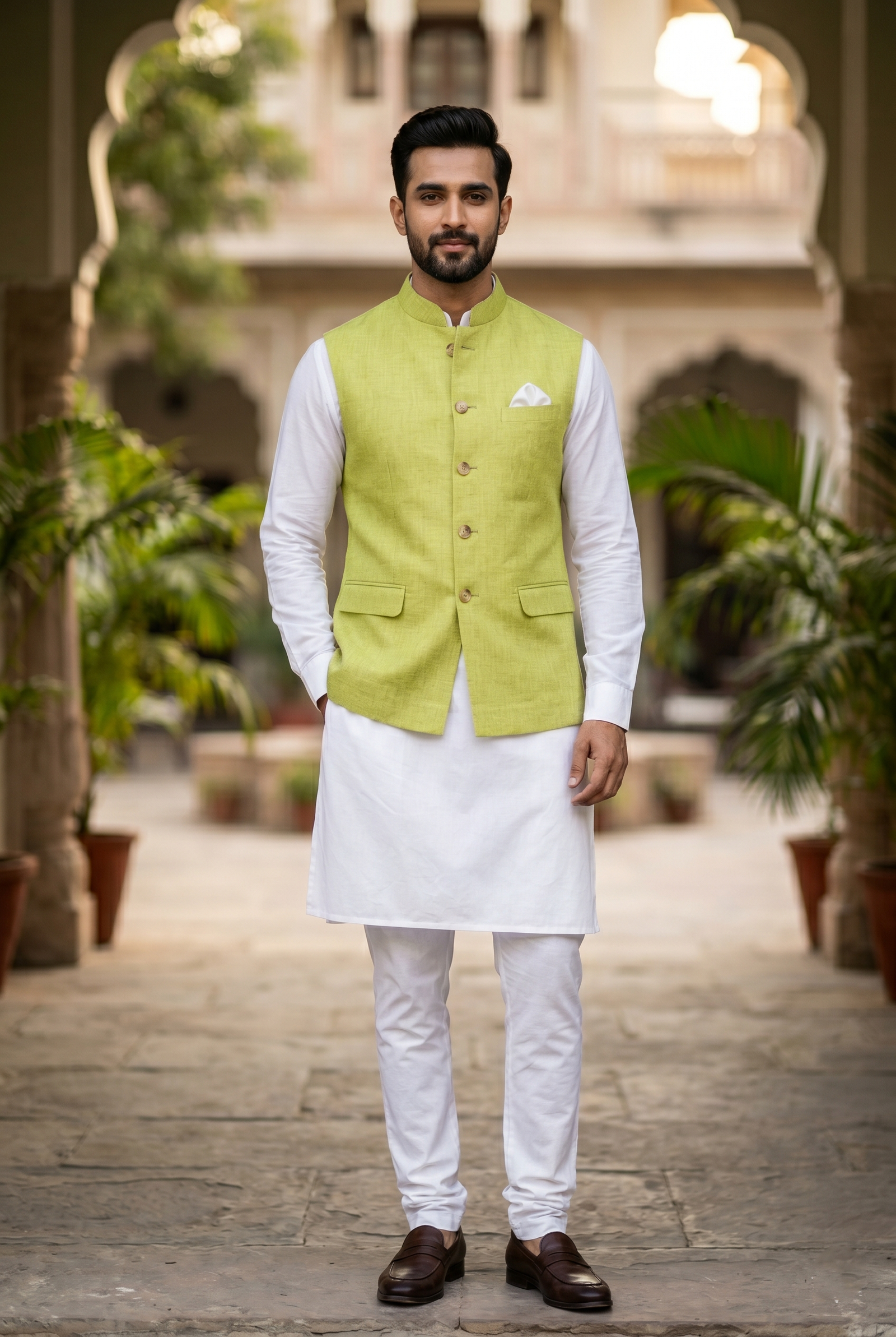 Premium Lime Green Linen Nehru Jacket