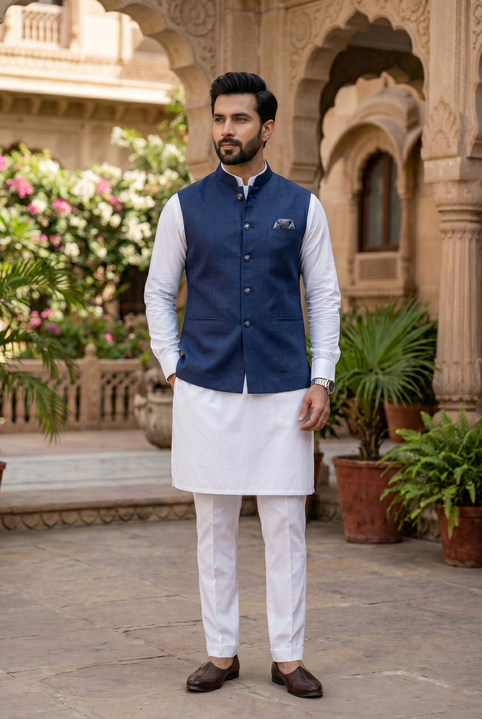 Premium Navy Linen Nehru Jacket