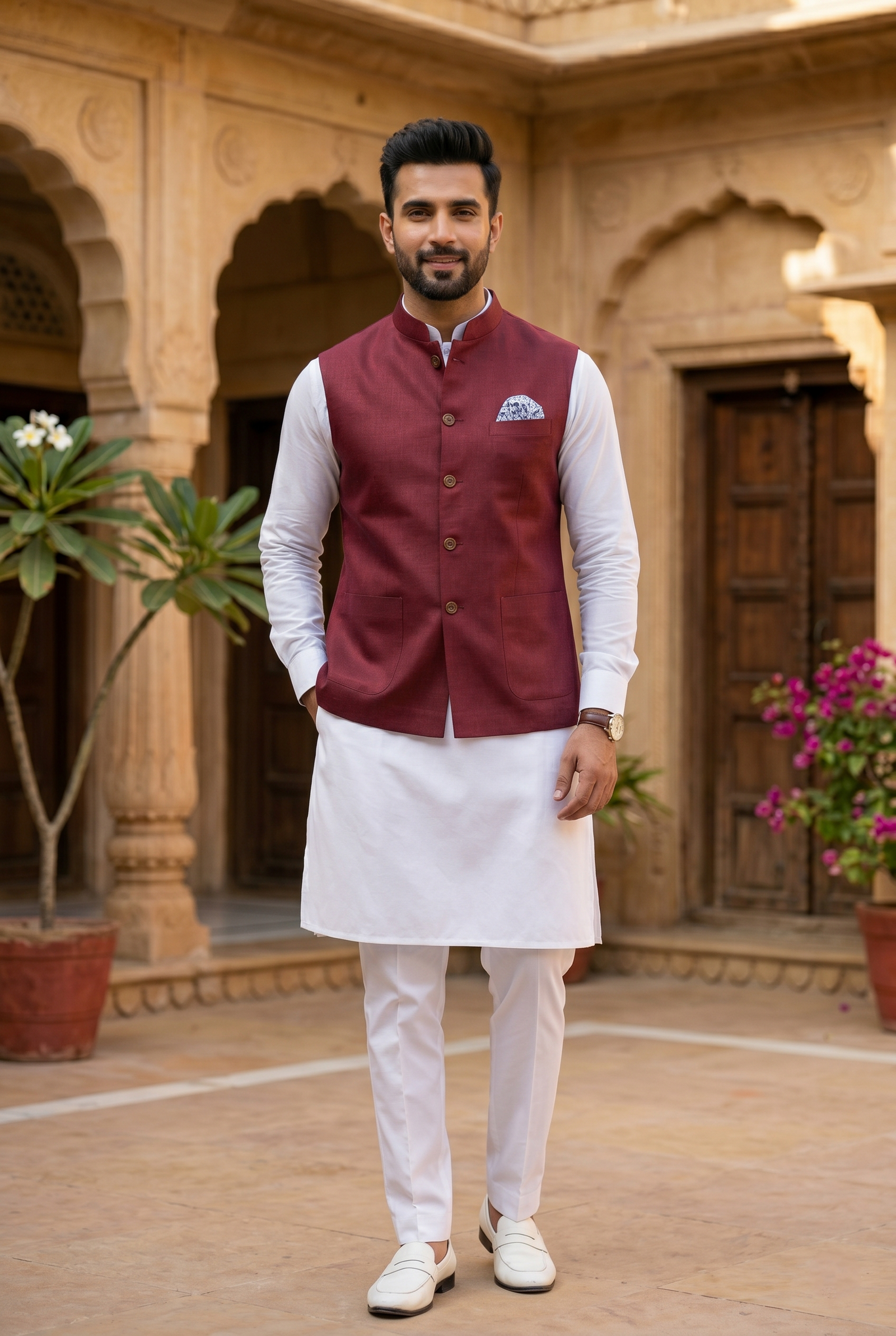 Premium Maroon Linen Nehru Jacket