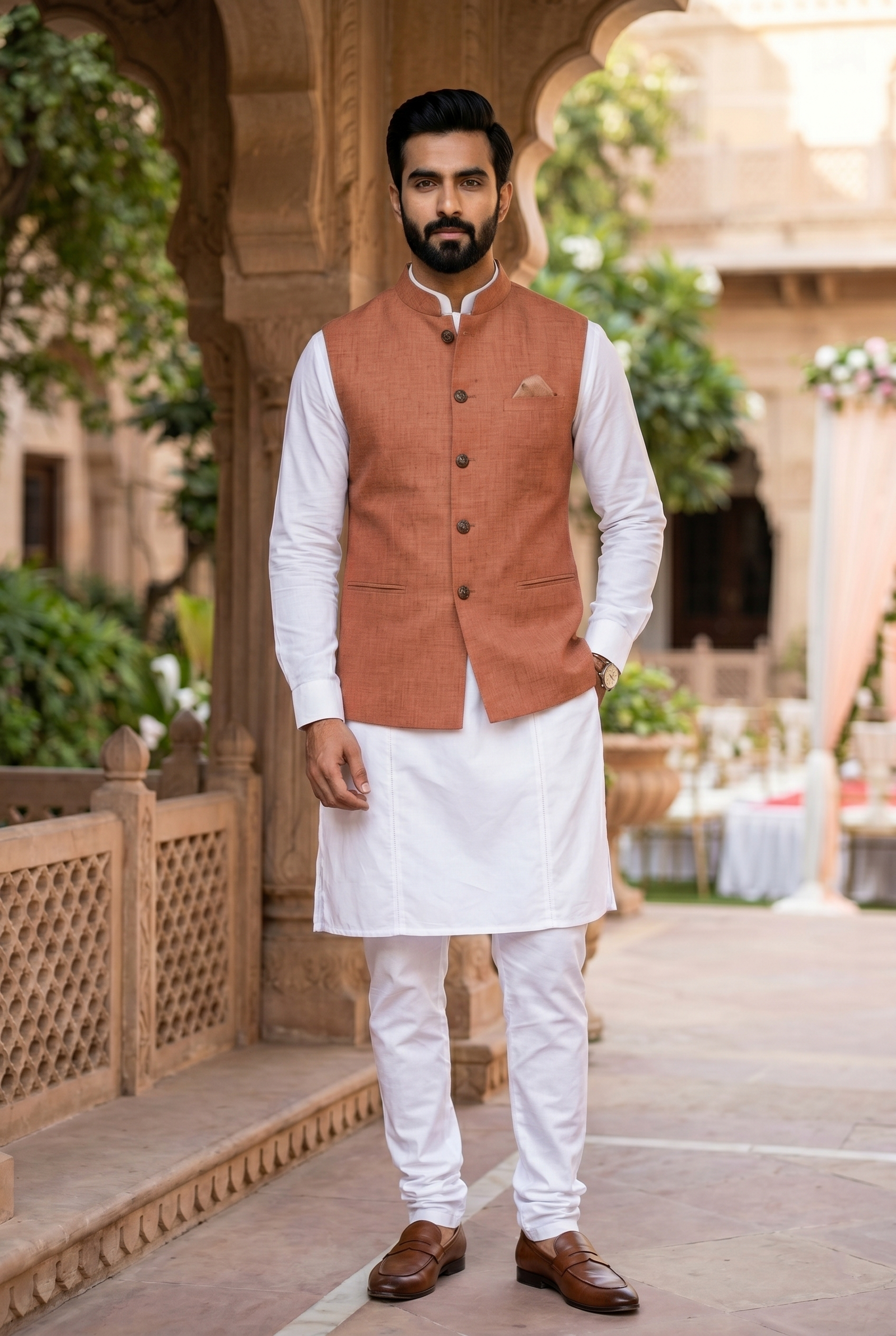 Premium Rust Linen Nehru Jacket