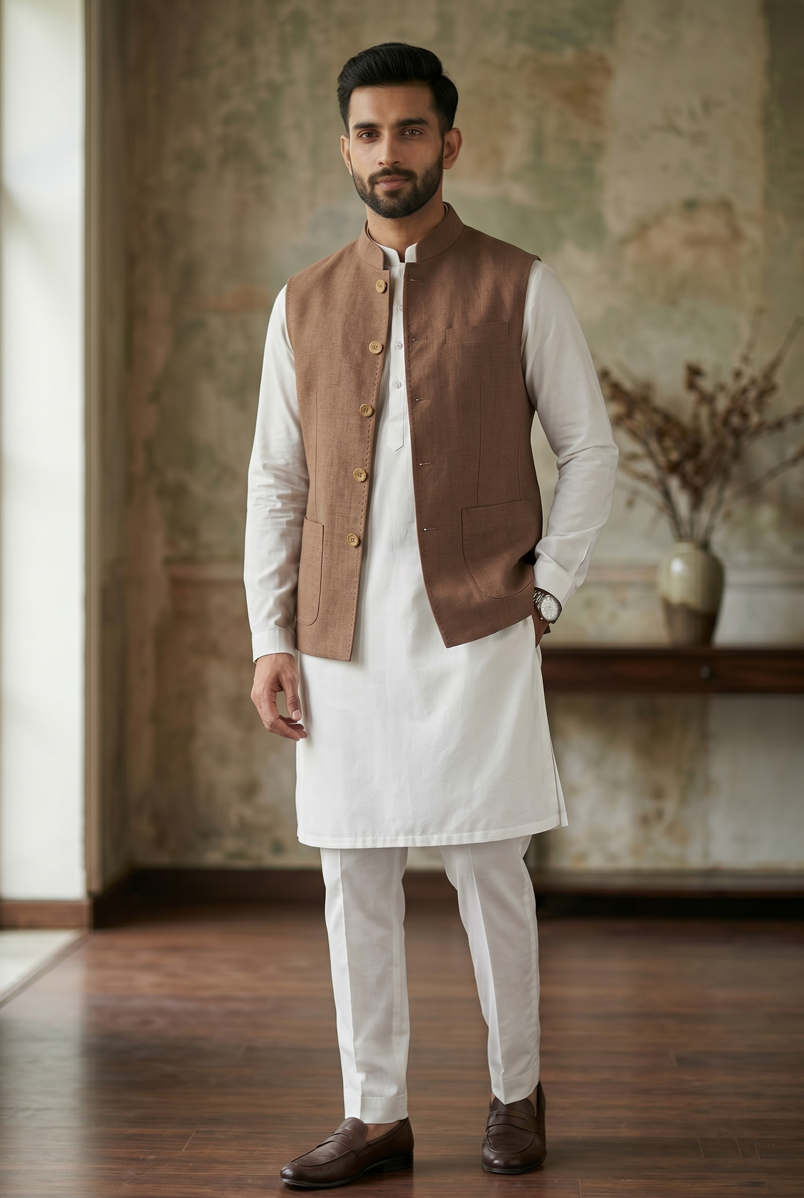 Premium Tan Linen Nehru Jacket