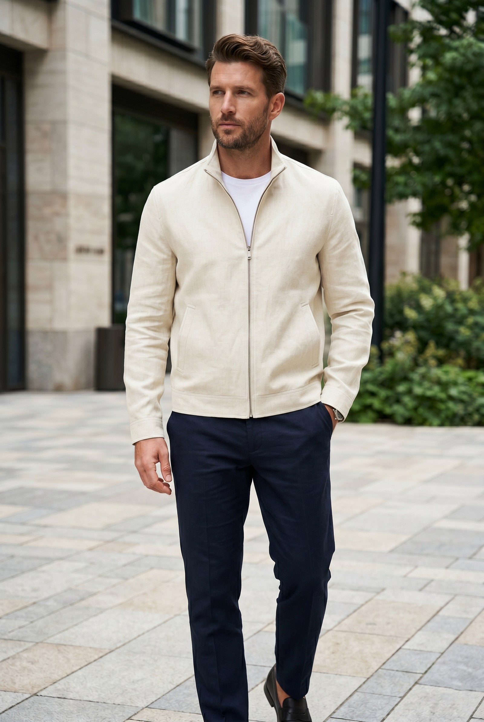 Men's Off-White Linen Stand Collar Zip Jacket