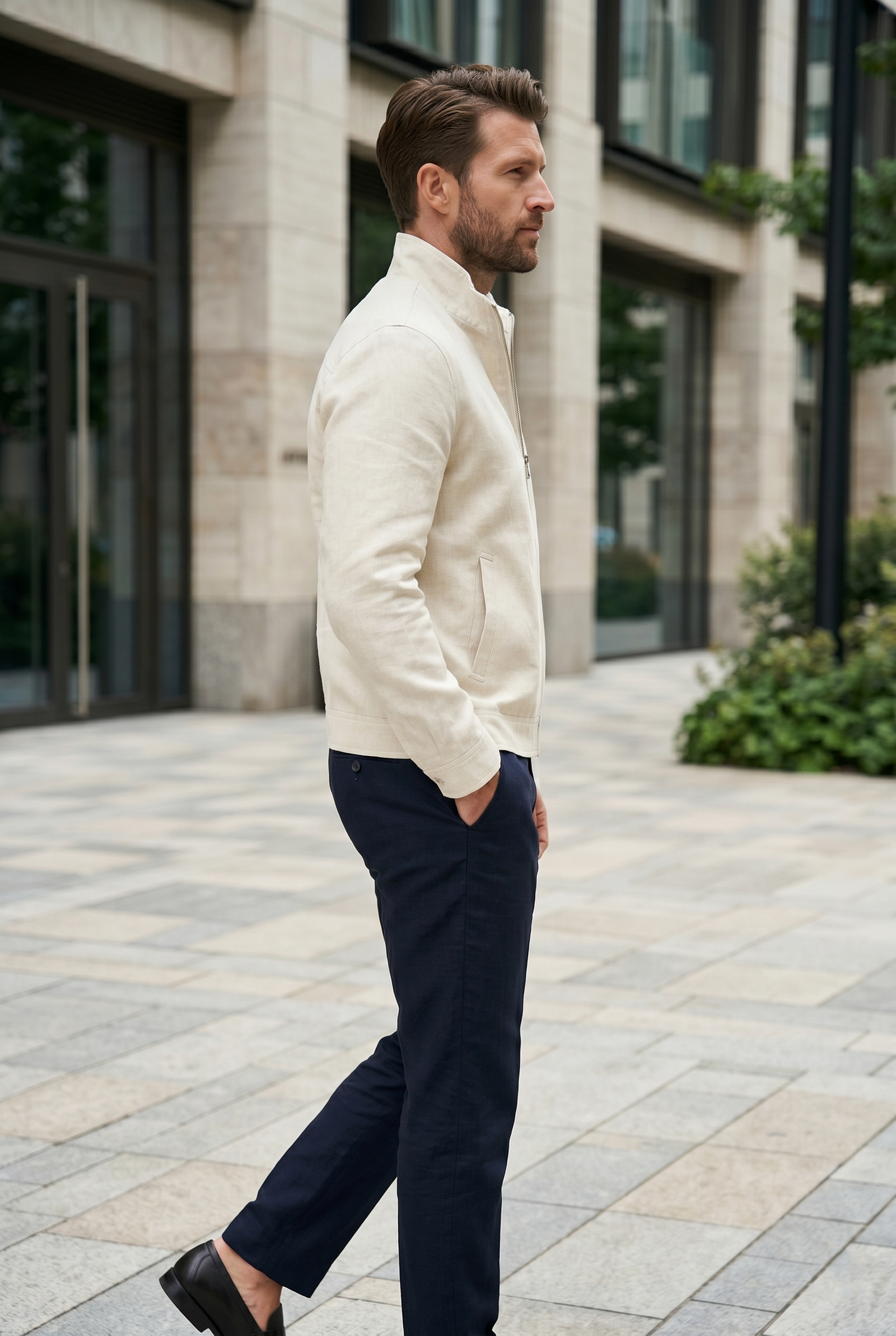 Men's Off-White Linen Stand Collar Zip Jacket