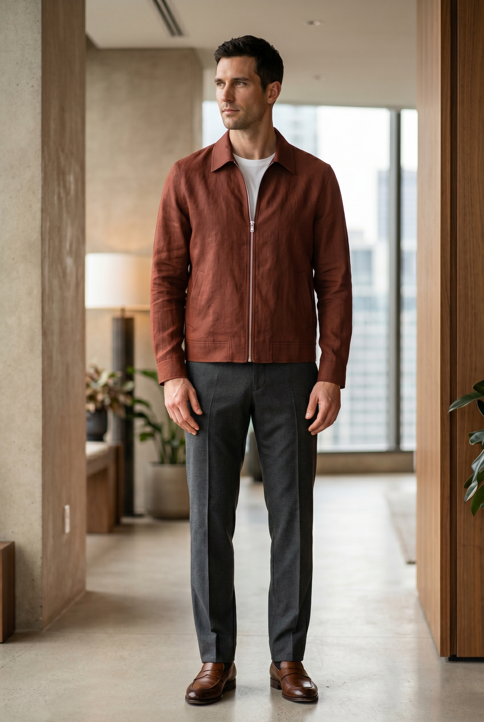 Men's Terracotta Linen Zip Harrington Jacket