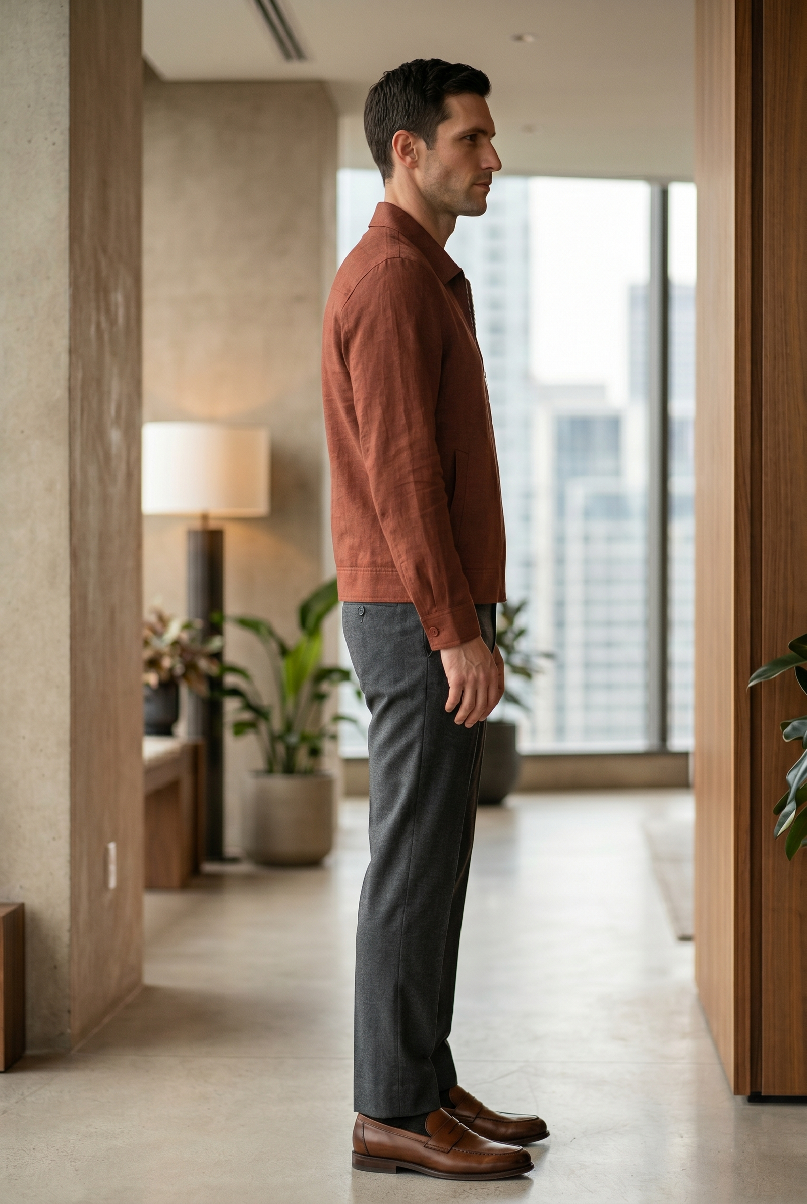 Men's Terracotta Linen Zip Harrington Jacket