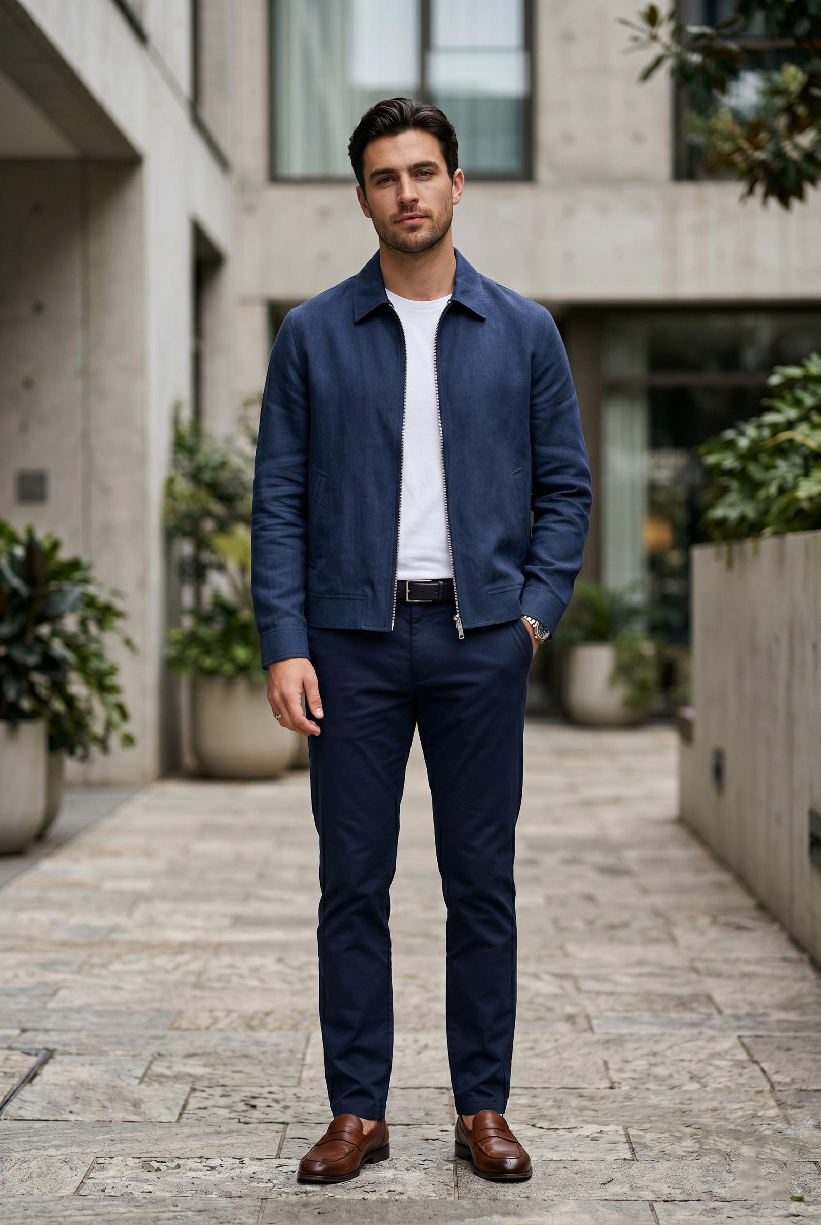 Men's Navy Linen Zip Harrington Jacket