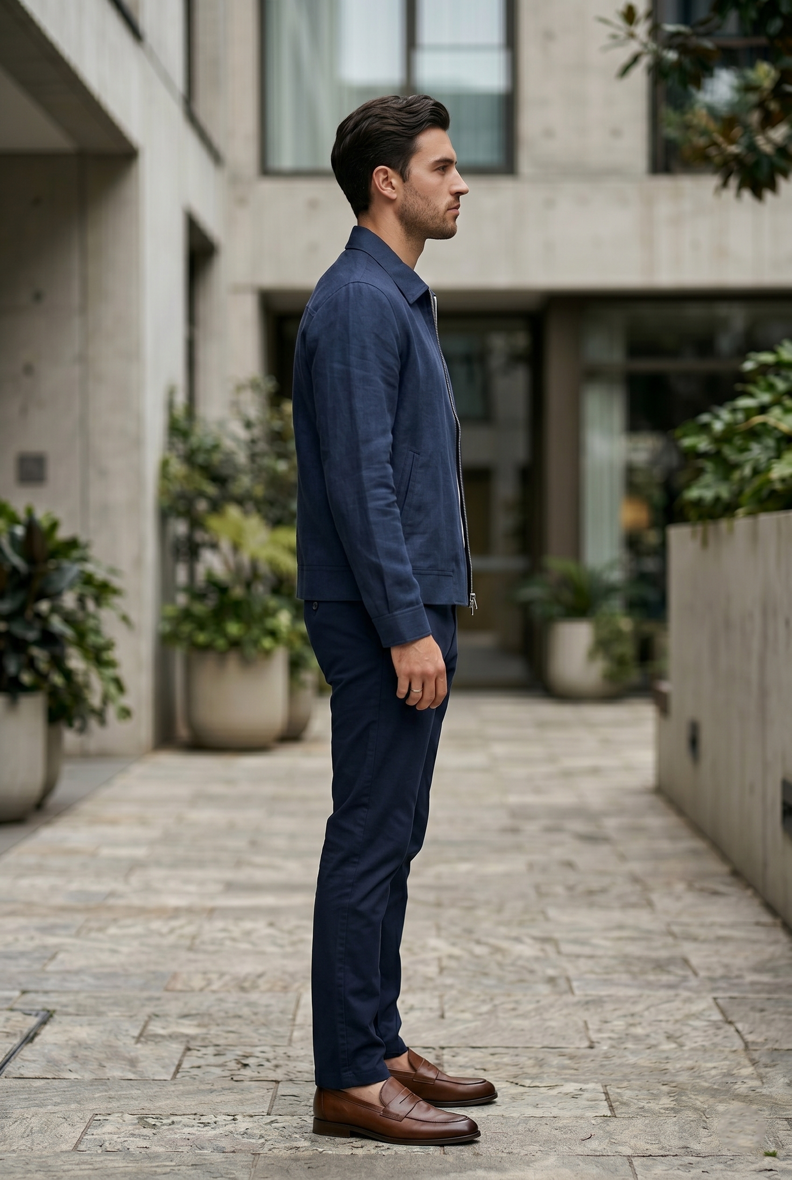 Men's Navy Linen Zip Harrington Jacket