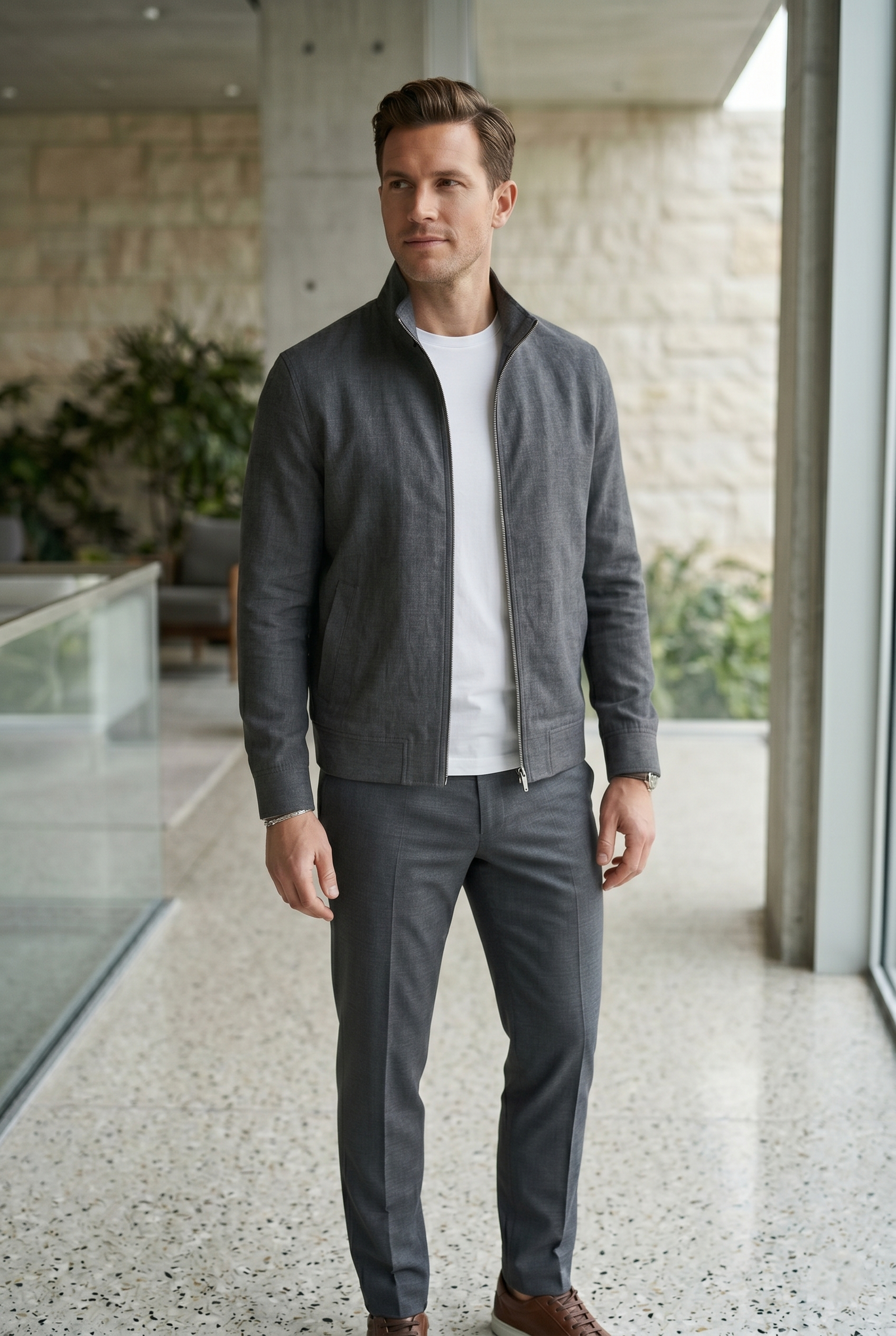 Men's Slate Grey Linen Stand Collar Jacket