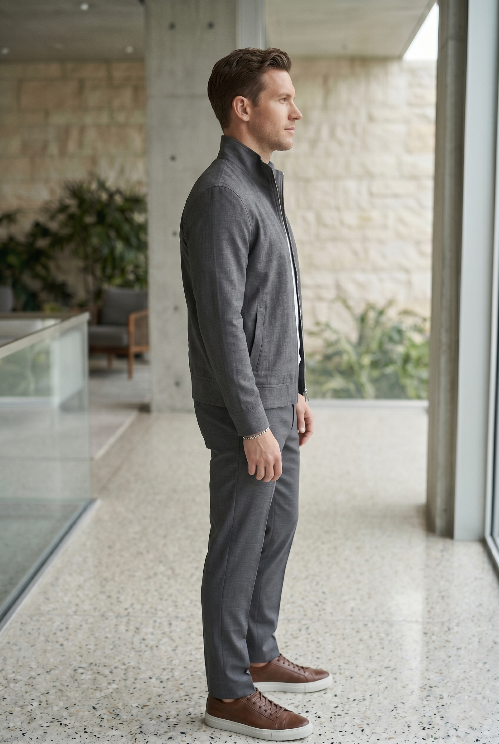 Men's Slate Grey Linen Stand Collar Jacket