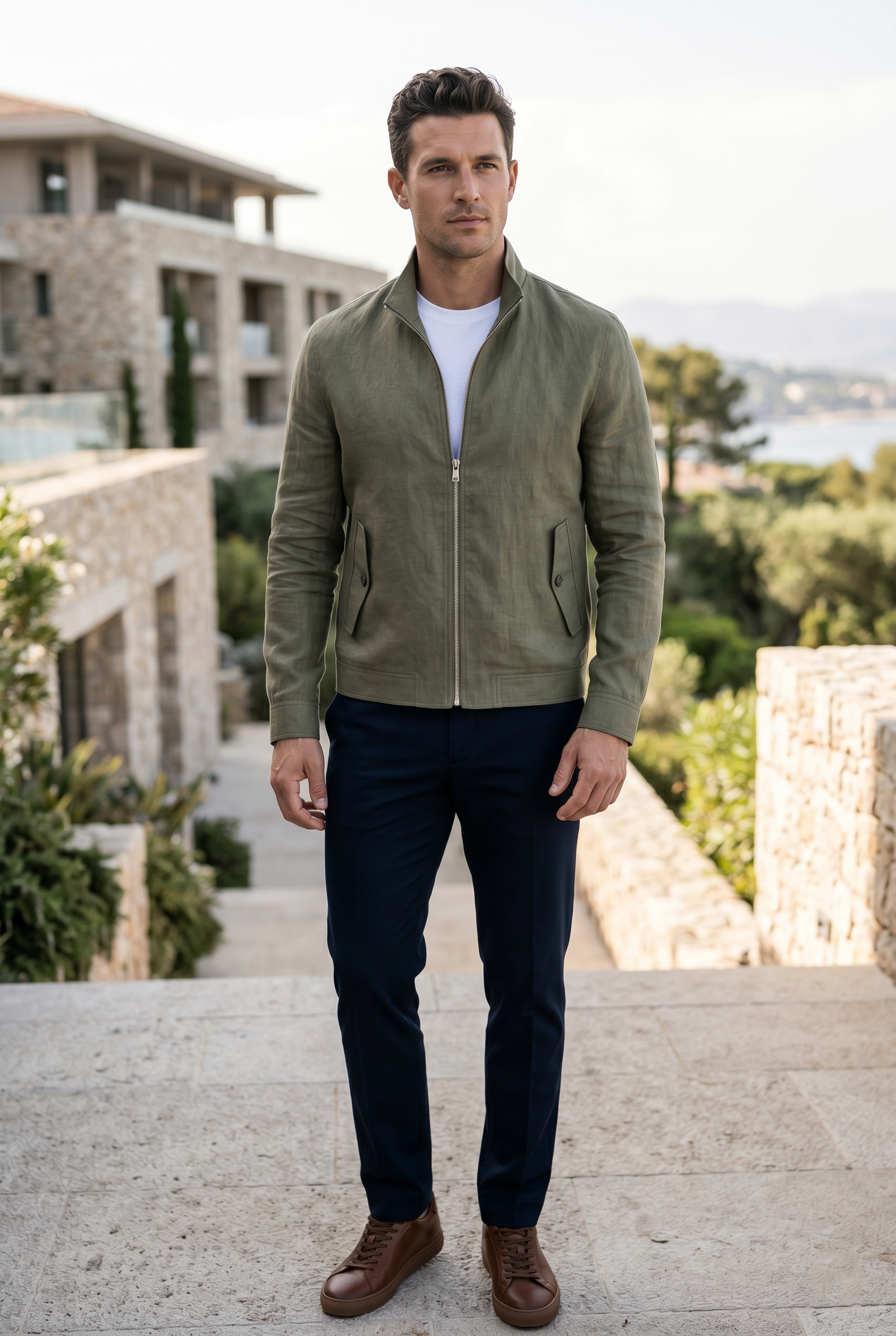 Men's Olive Linen Jacket with Stand Collar