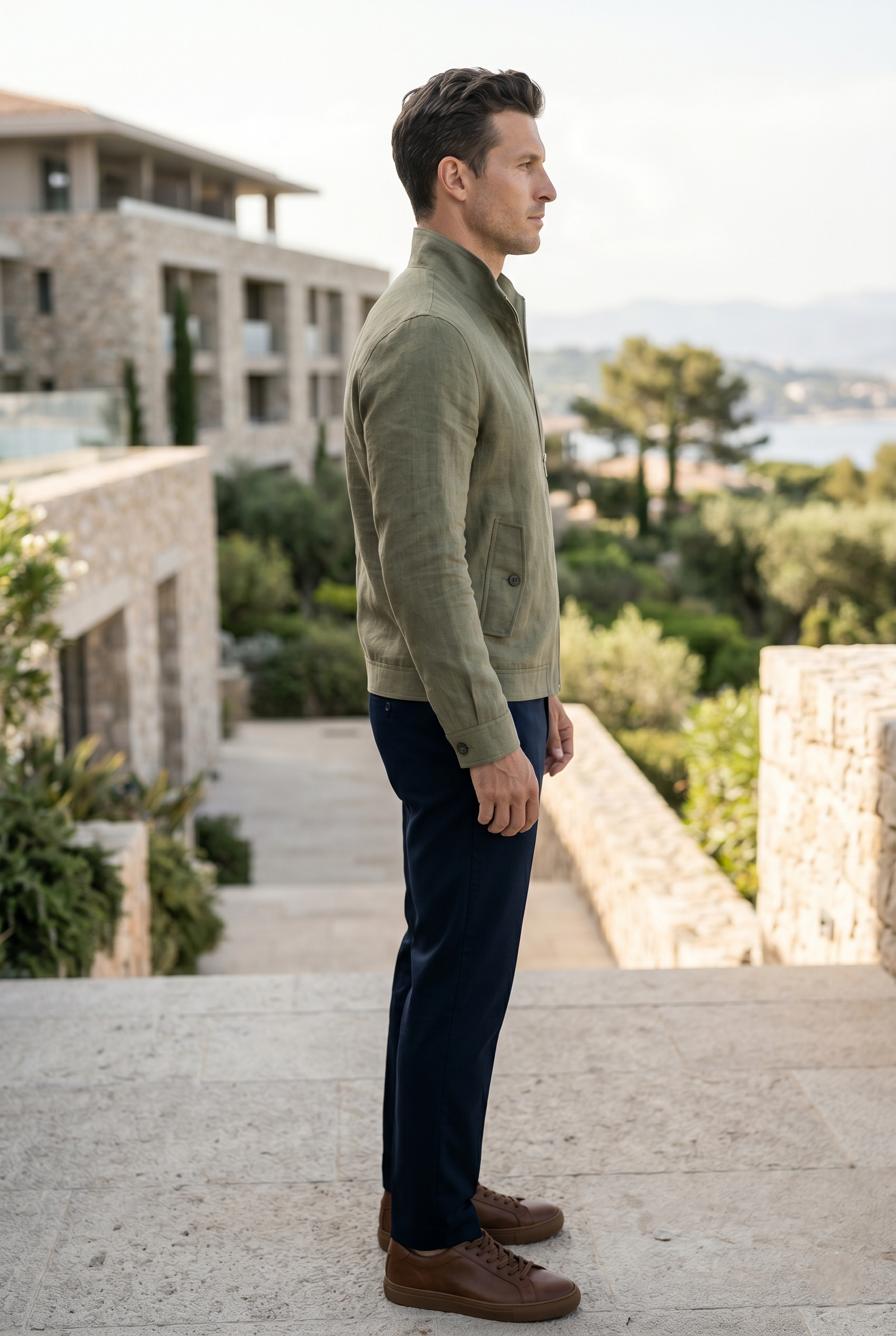 Men's Olive Linen Jacket with Stand Collar