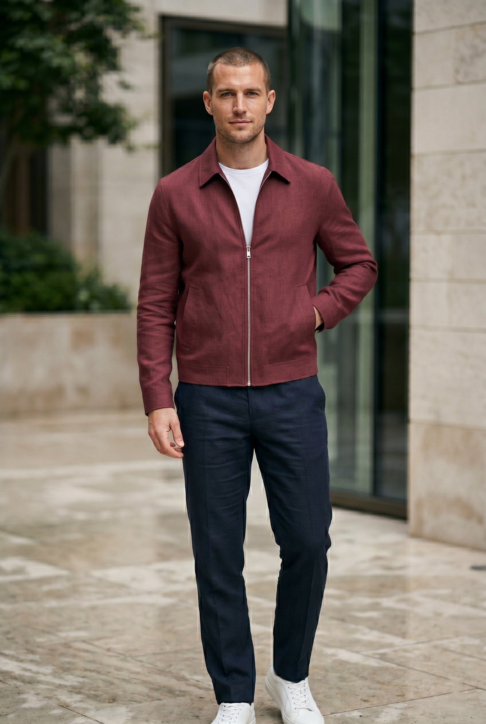 Men's Linen Zip Jacket in Burgundy