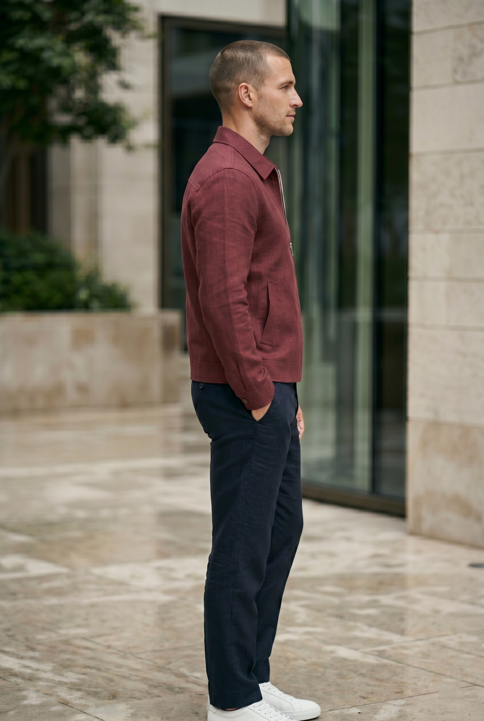 Men's Linen Zip Jacket in Burgundy