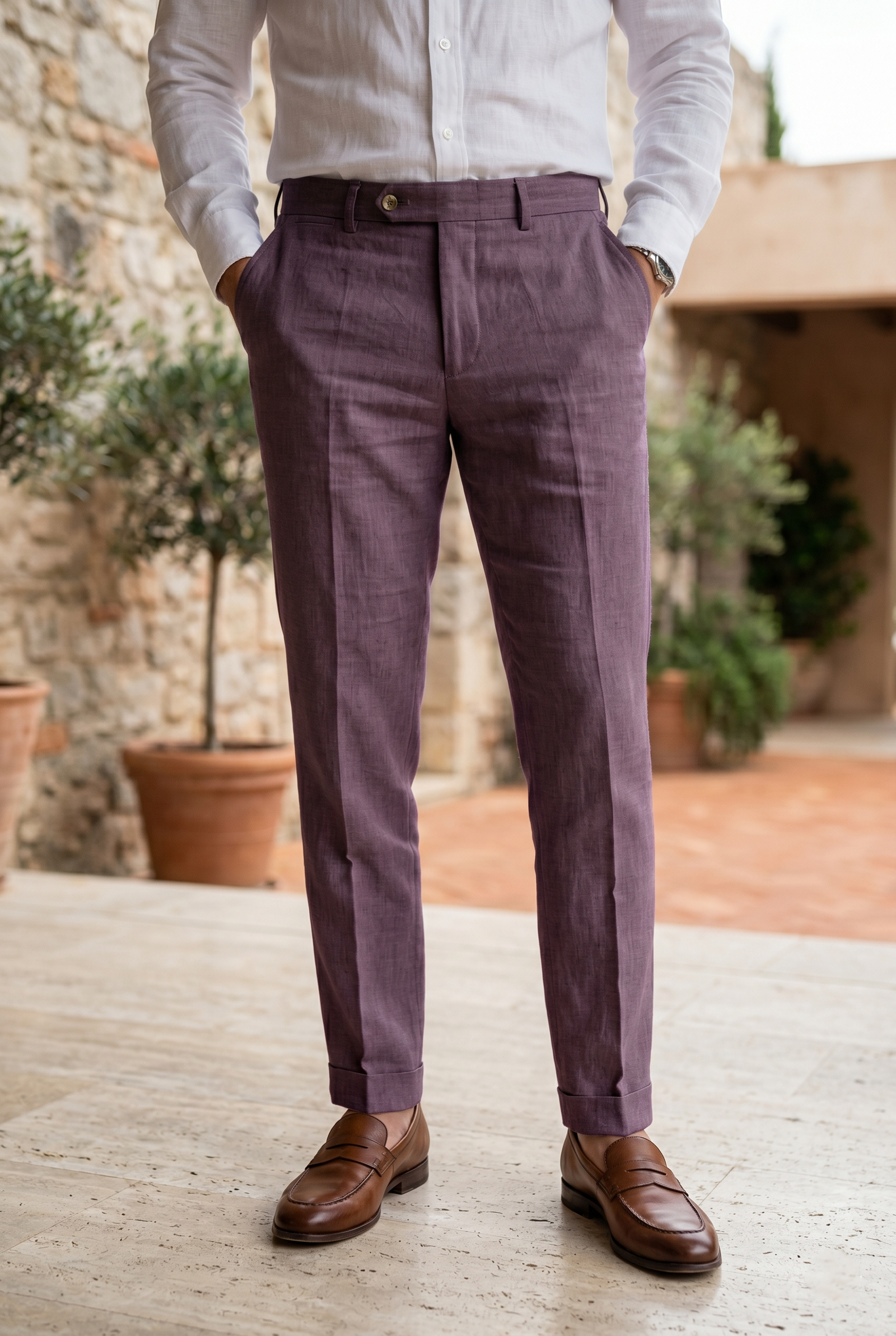Men's Tailored Slim-Fit Linen Trousers in Mauve