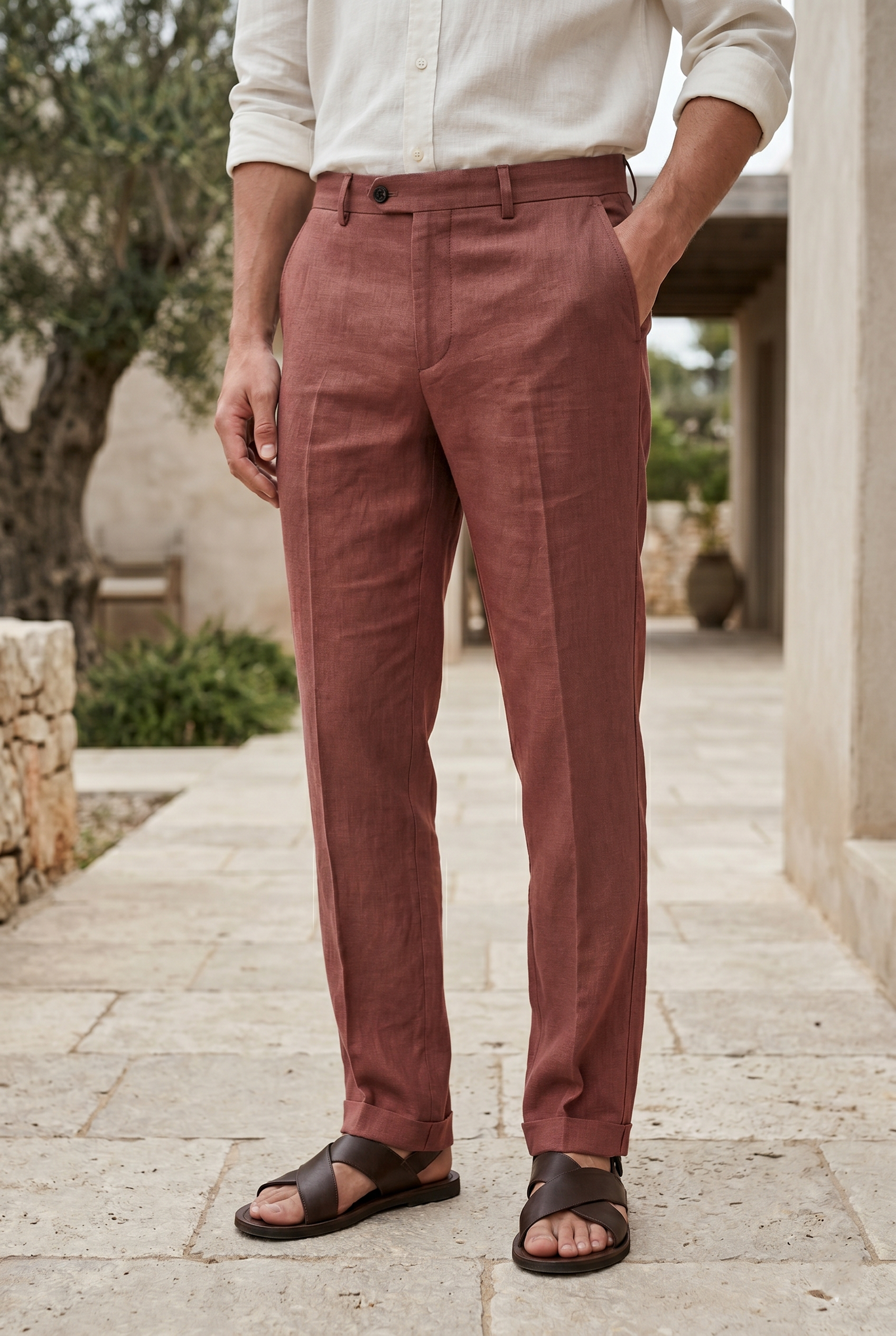 Men's Tailored Slim-Fit Linen Trousers in Wine