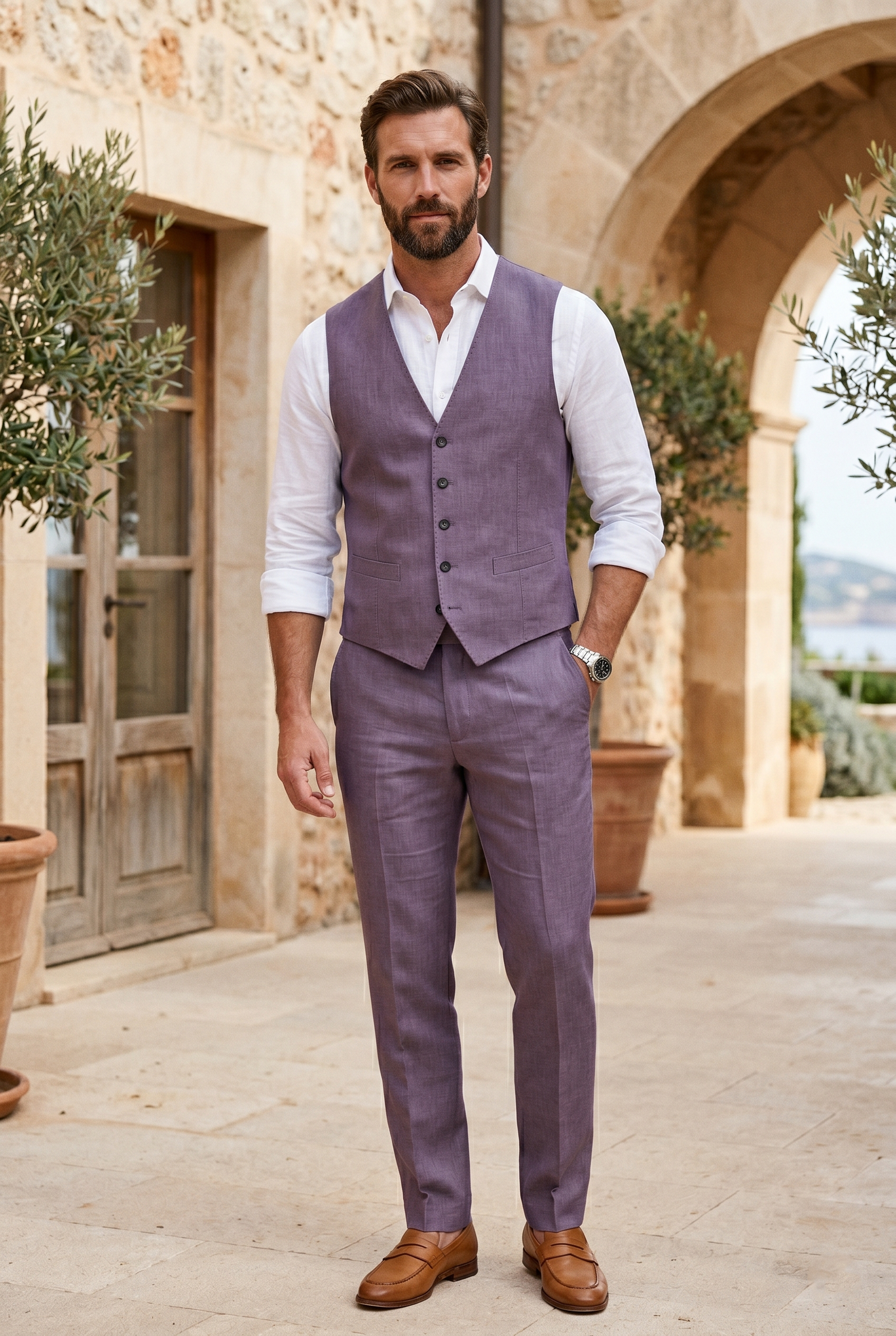 Men's Slim Fit Dusty Lilac Pure Linen Waistcoat