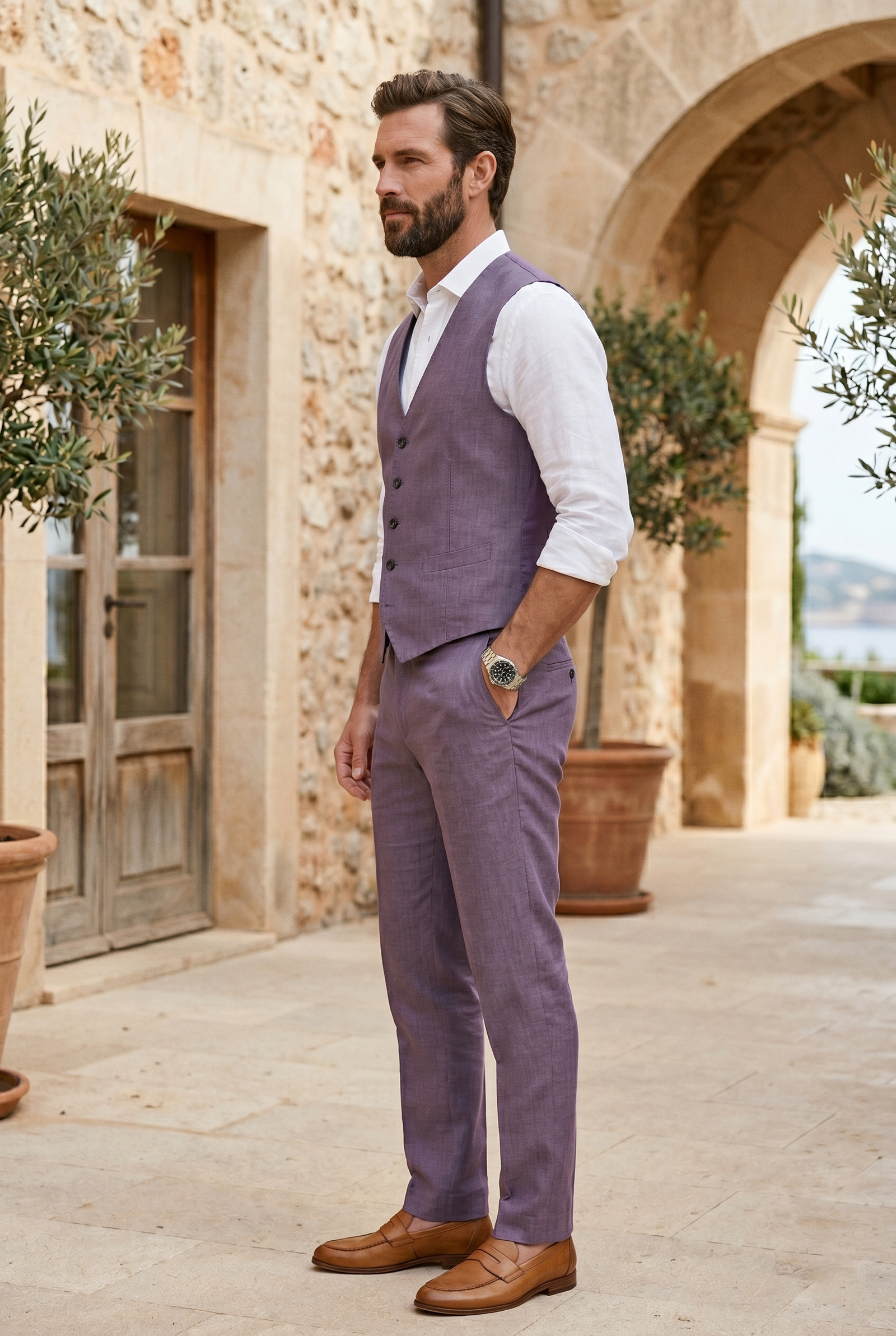 Men's Slim Fit Dusty Lilac Pure Linen Waistcoat