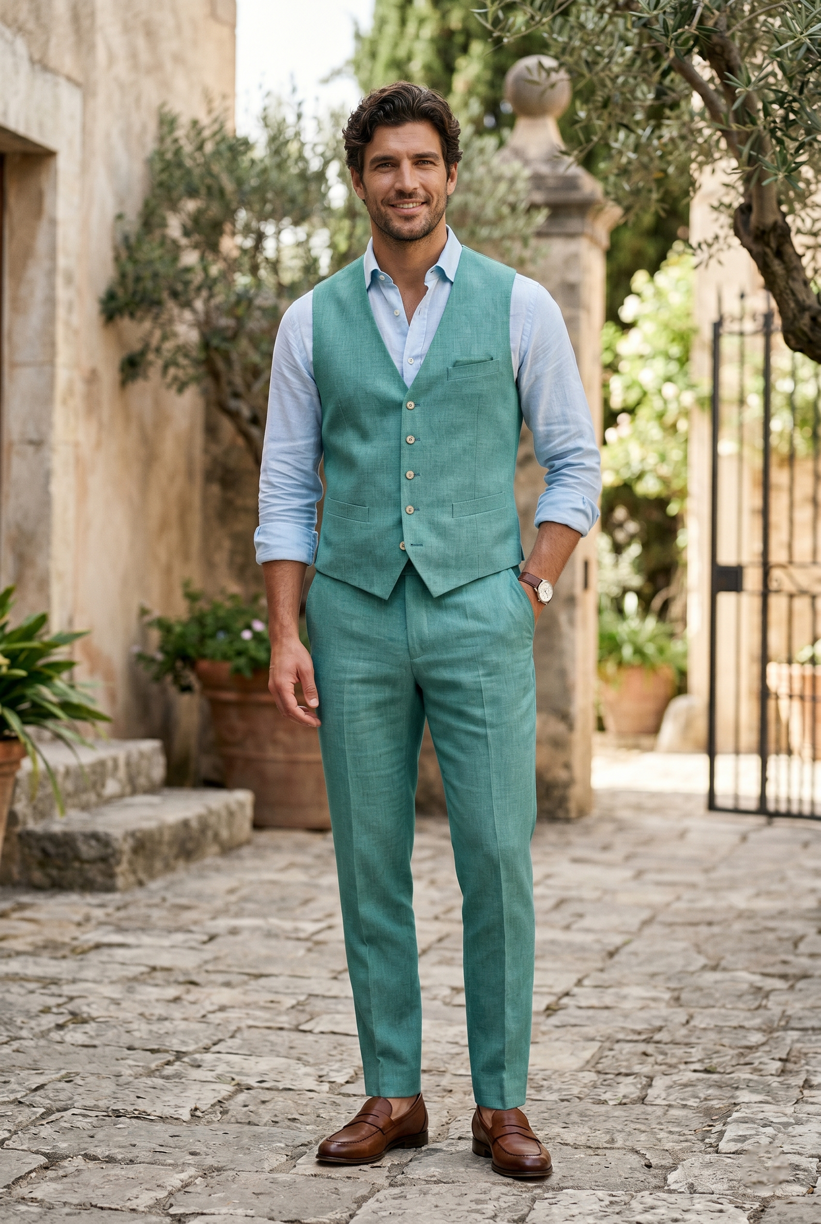 Men’s Slim Fit Mint Green Linen Waistcoat