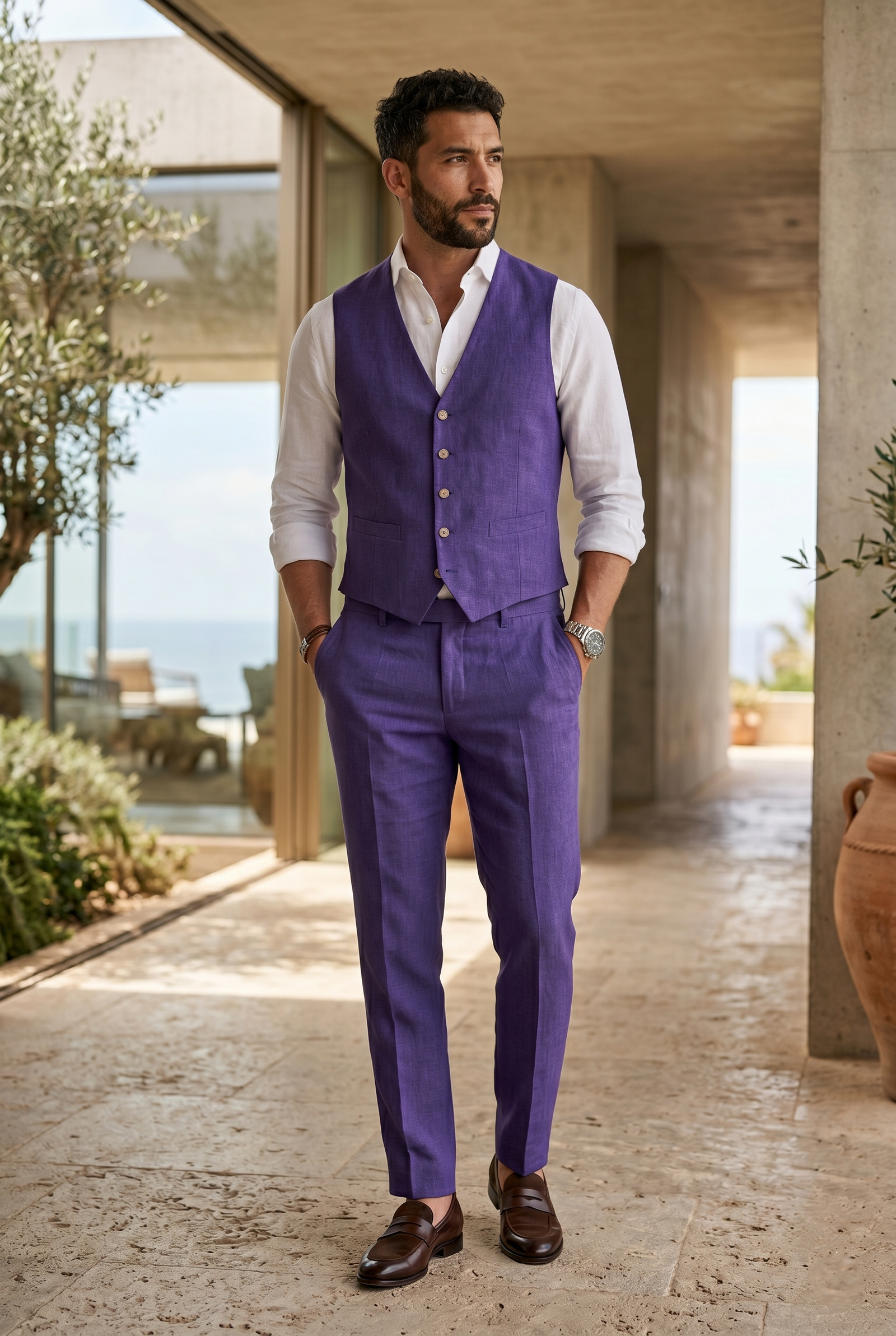 Men's Premium Purple Linen Tailored Waistcoat