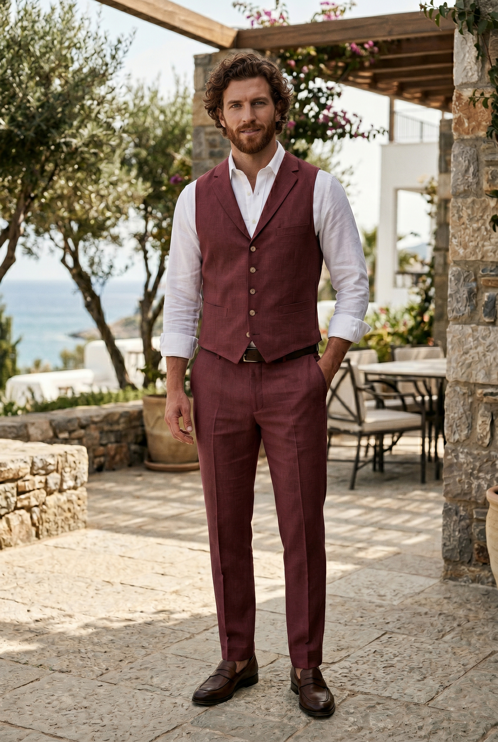 Men's Slim Fit Rose Burgundy Linen Waistcoat