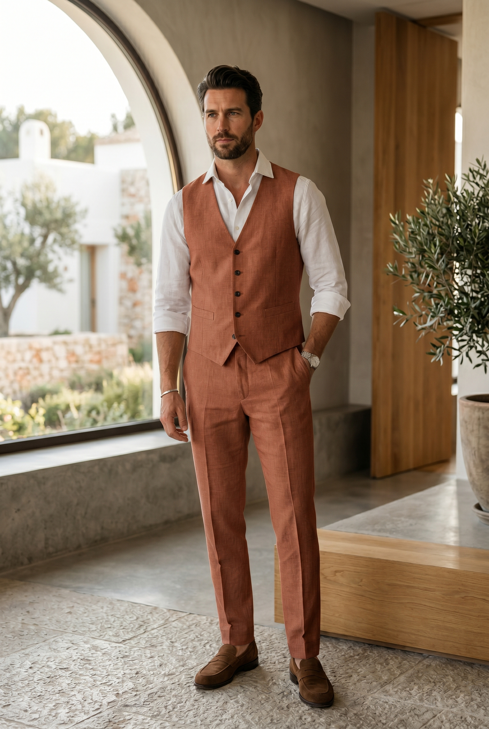 Men's Terracotta Regular Fit Linen Waistcoat