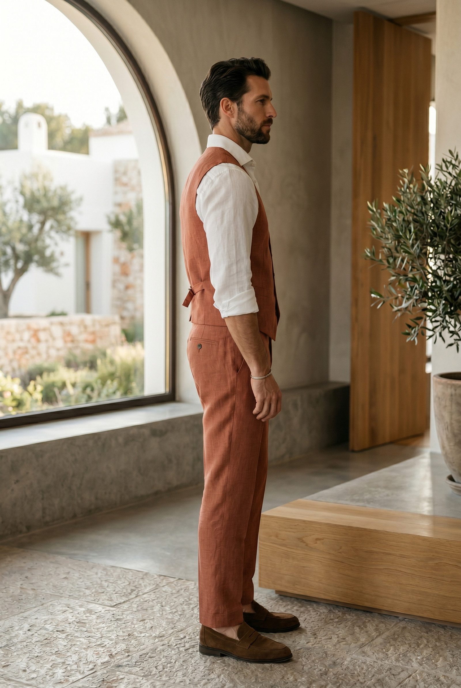 Men's Terracotta Regular Fit Linen Waistcoat