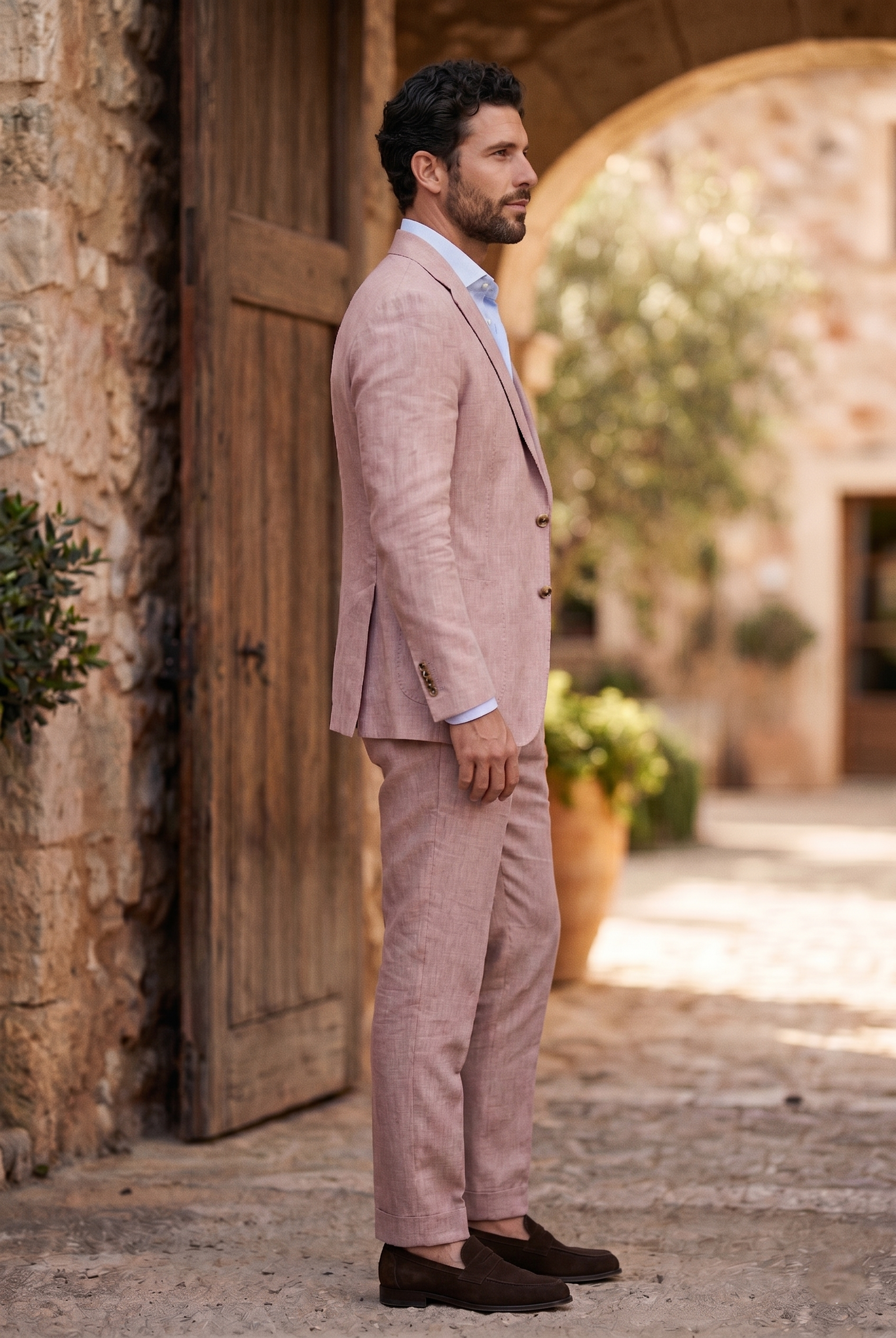 Men's Dusty Pink Slim-Fit Linen 2-Piece Suit