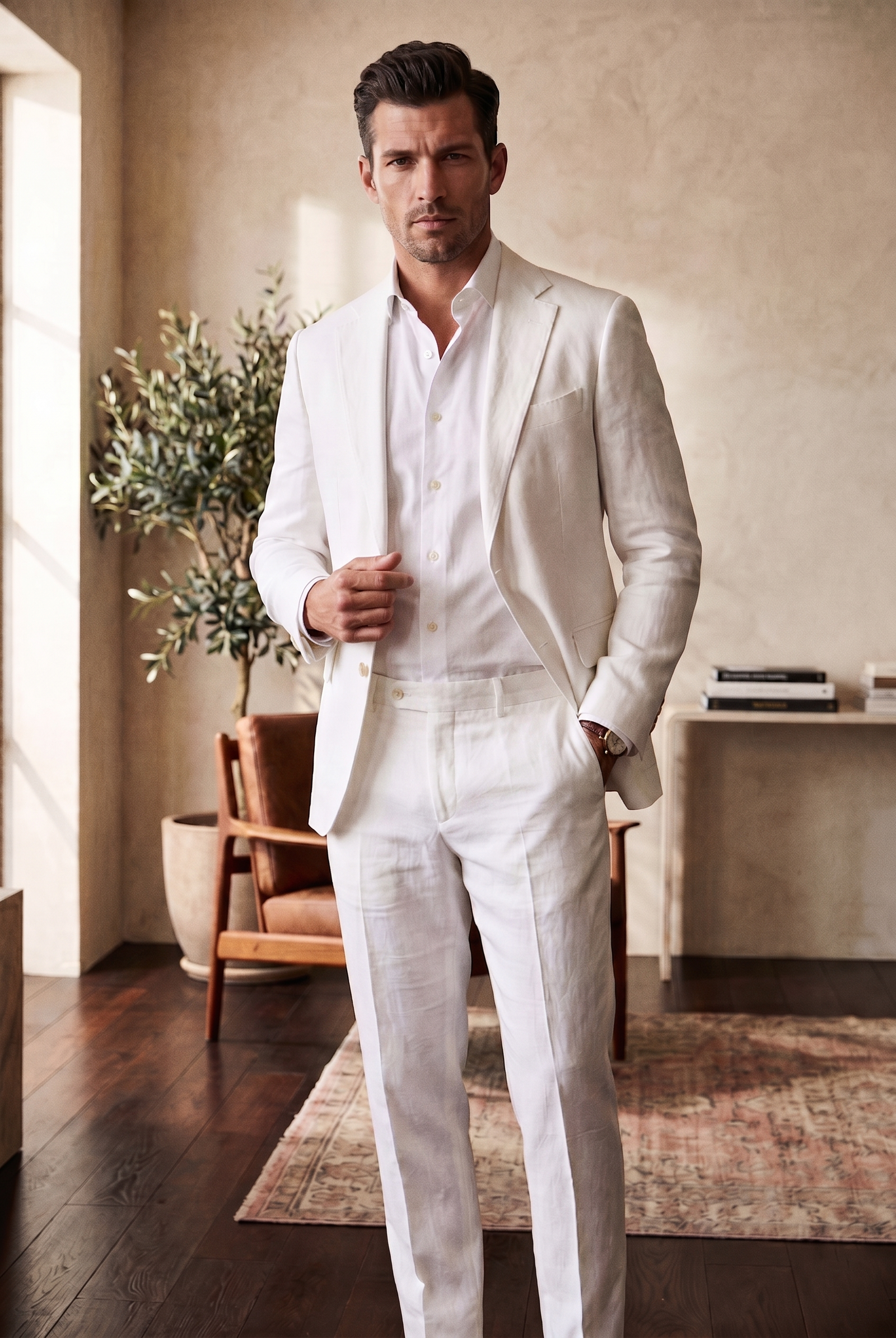 Men's Premium Off-White Slim Fit 2-Piece Linen Suit