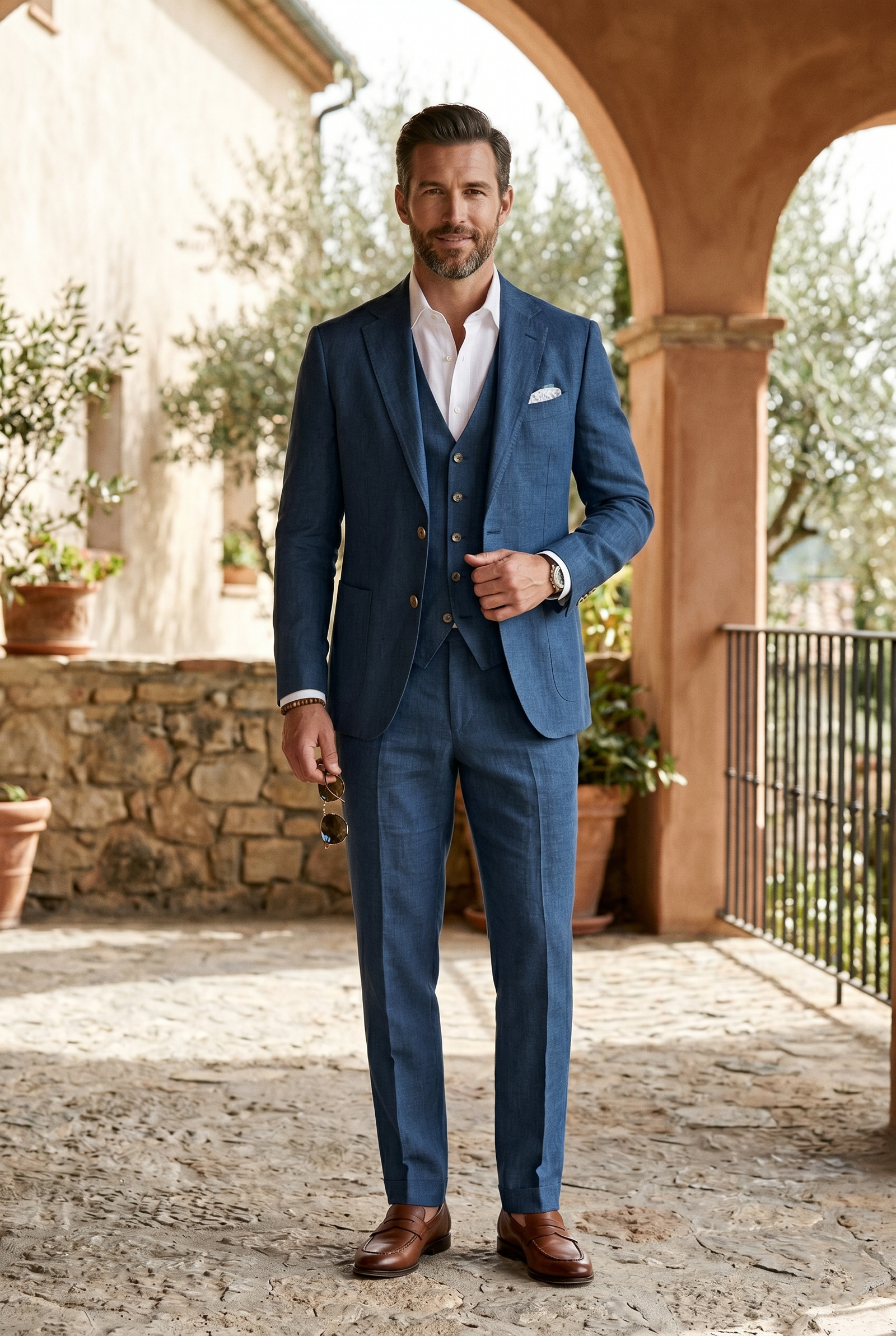 Men's Premium Ocean  Blue Linen 3-Piece Slim Fit Suit