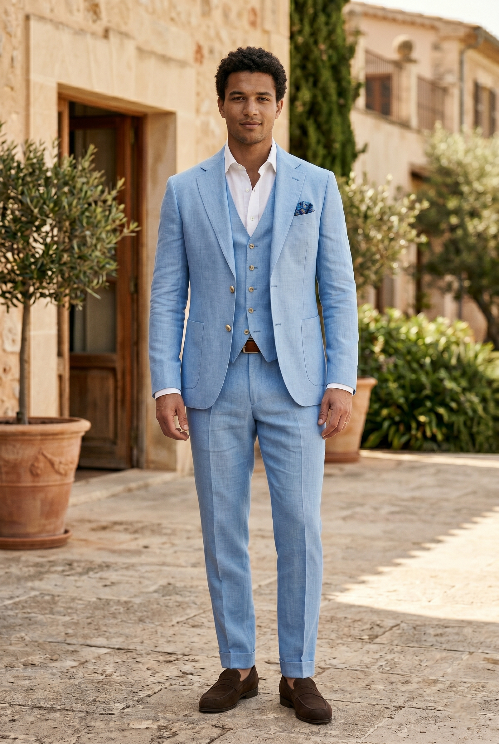 Men's Premium Sky Blue 3-Piece Linen Suit